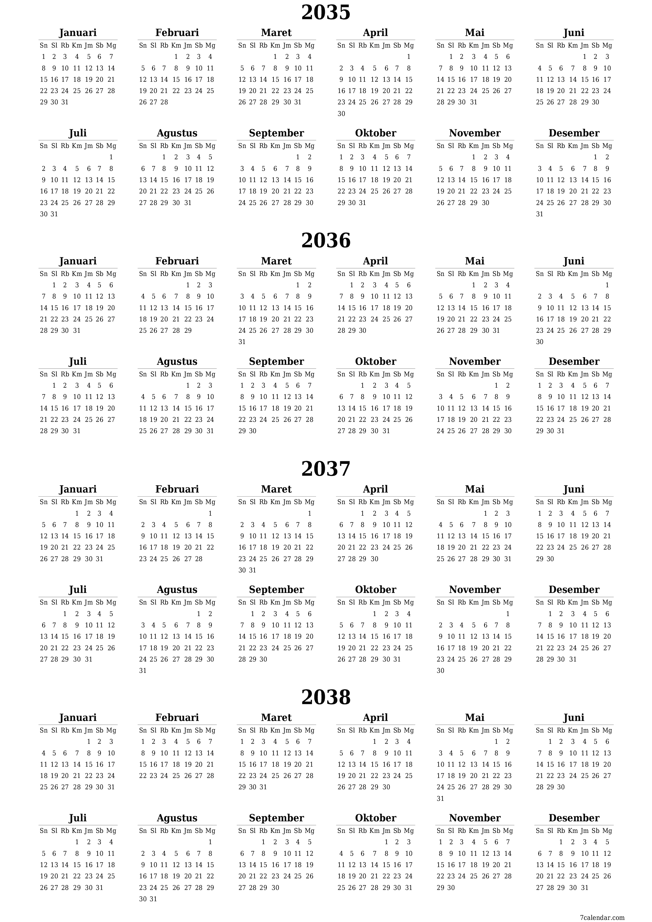 Kosongkan kalender perencana tahunan untuk tahun ini 2035, 2036, 2037, 2038 dengan catatan, simpan dan cetak ke PDF PNG Indonesian