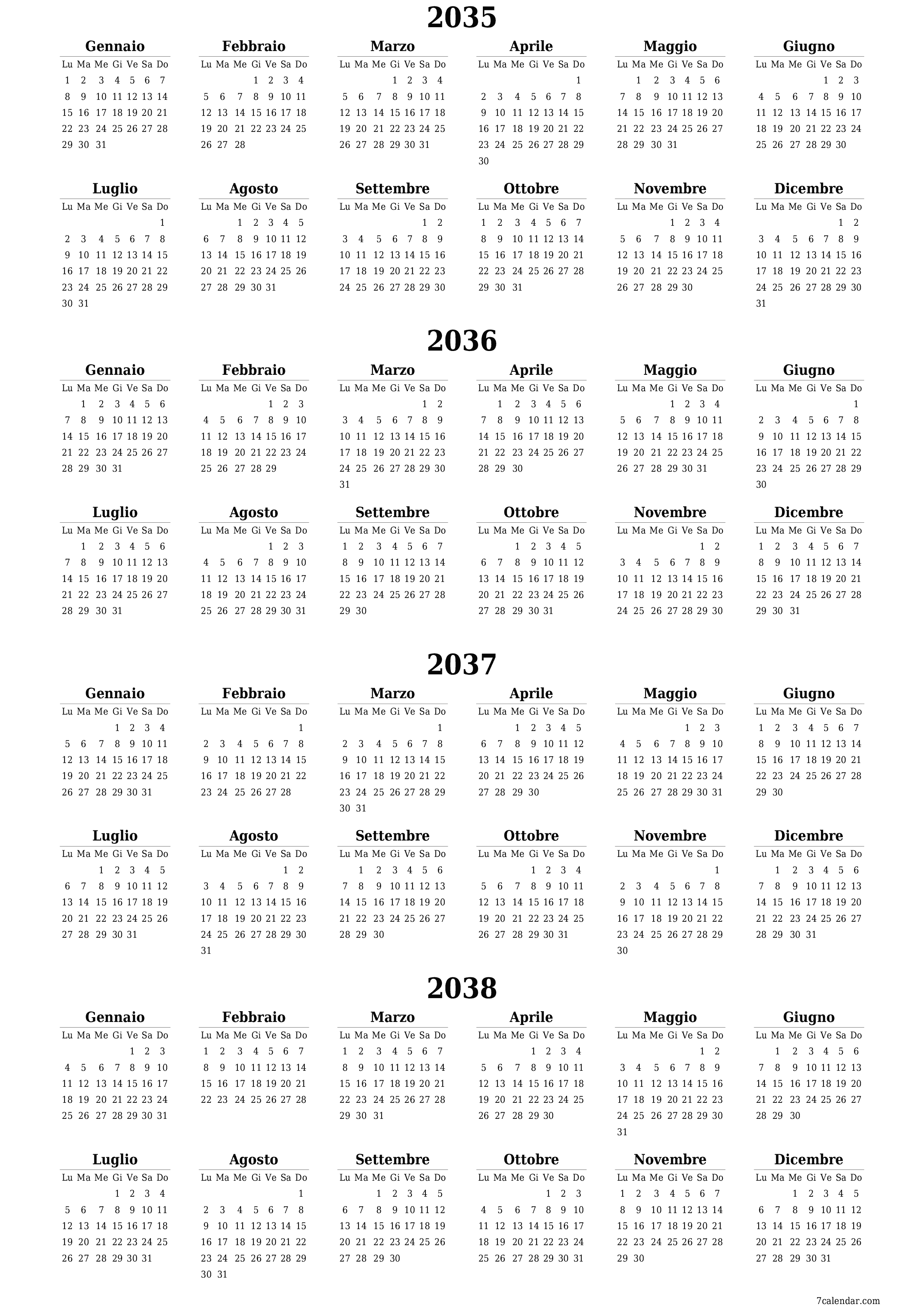 Calendario pianificatore annuale vuoto per l'anno 2035, 2036, 2037, 2038 con note, salva e stampa in PDF PNG Italian