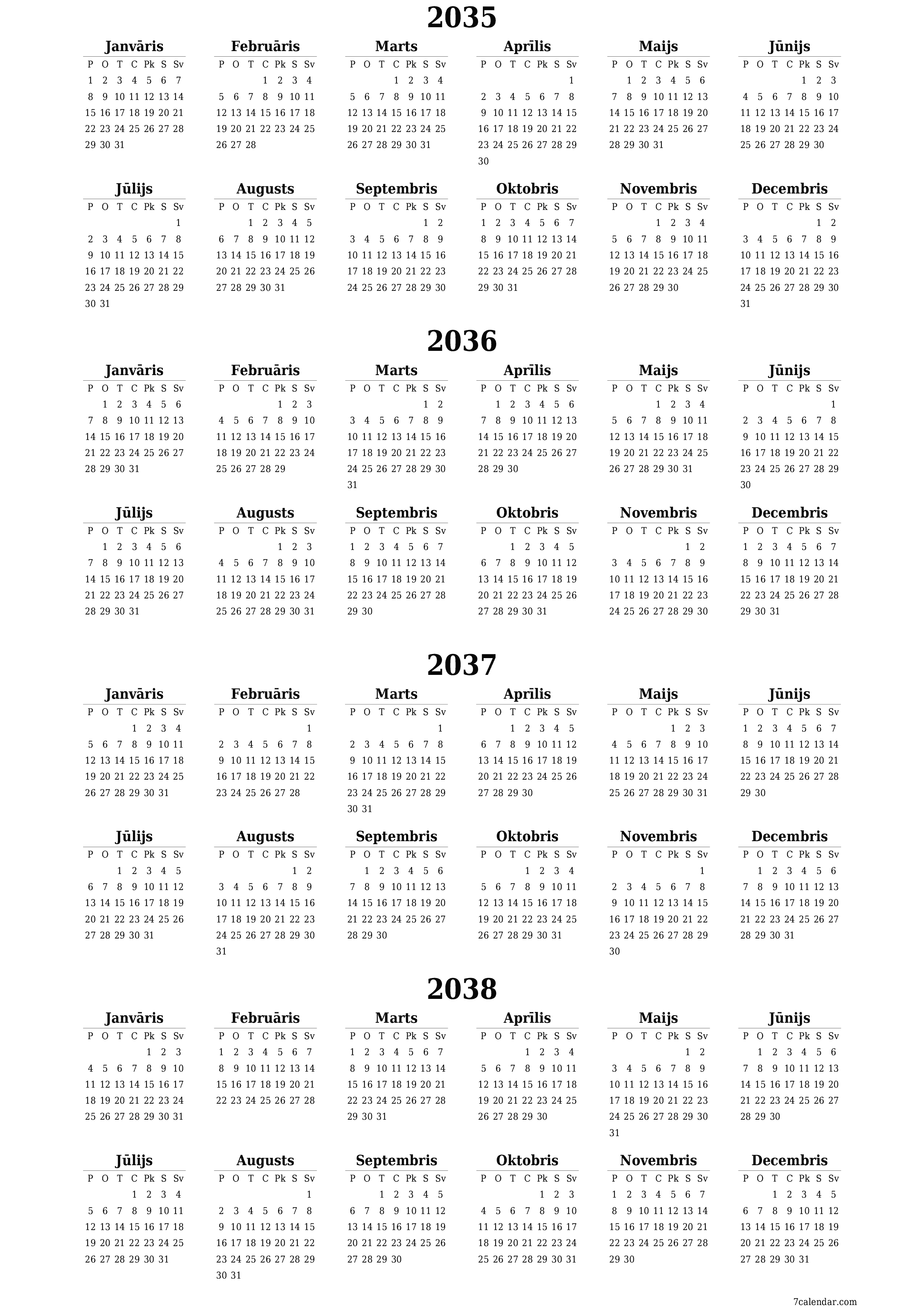 izdrukājams sienas kalendāra veidne bezmaksas vertikāli Gada kalendārs Jūnijs (Jūn) 2035