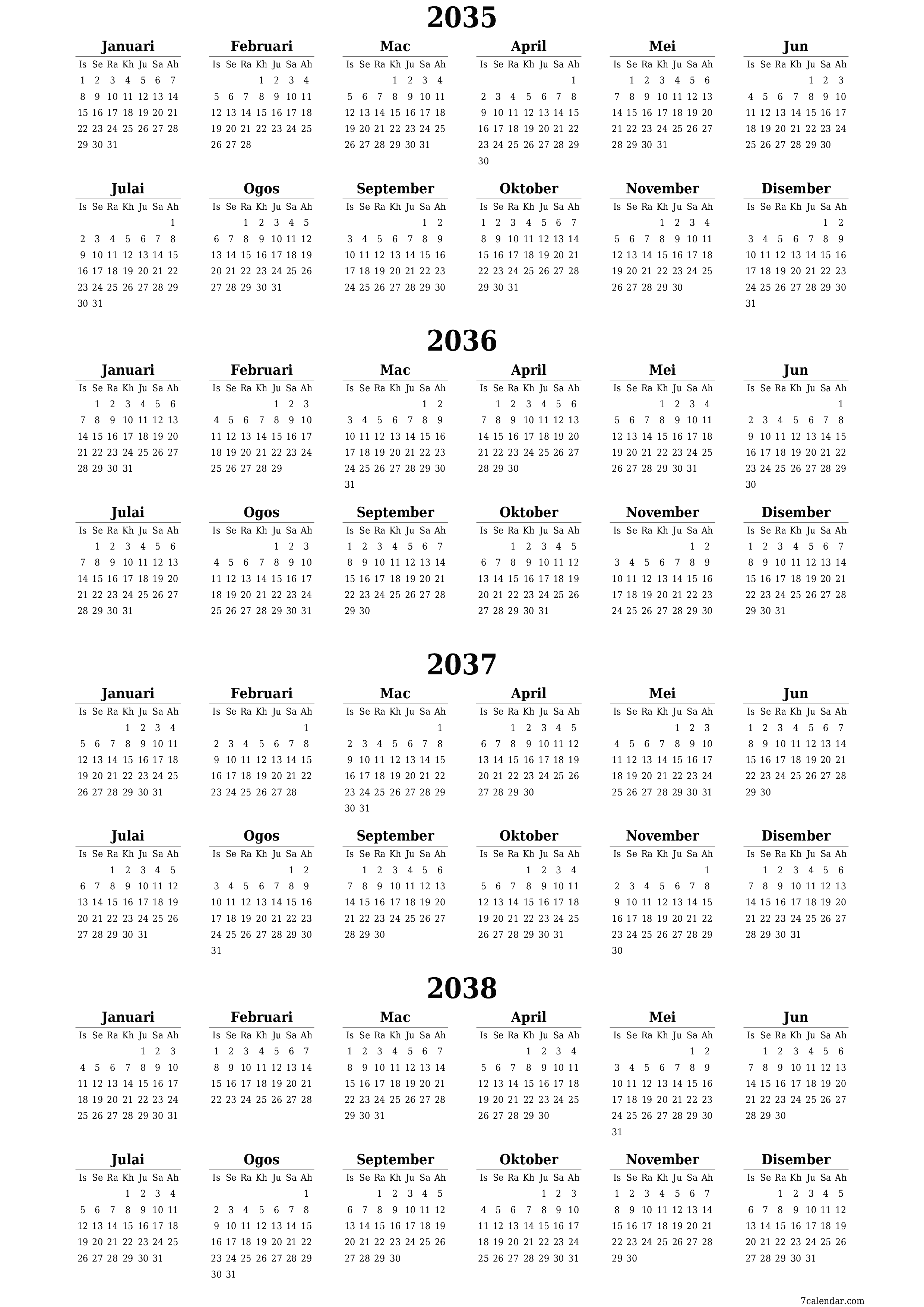 Kalendar perancang tahunan kosong untuk tahun ini 2035, 2036, 2037, 2038 dengan nota, simpan dan cetak ke PDF PNG Malay