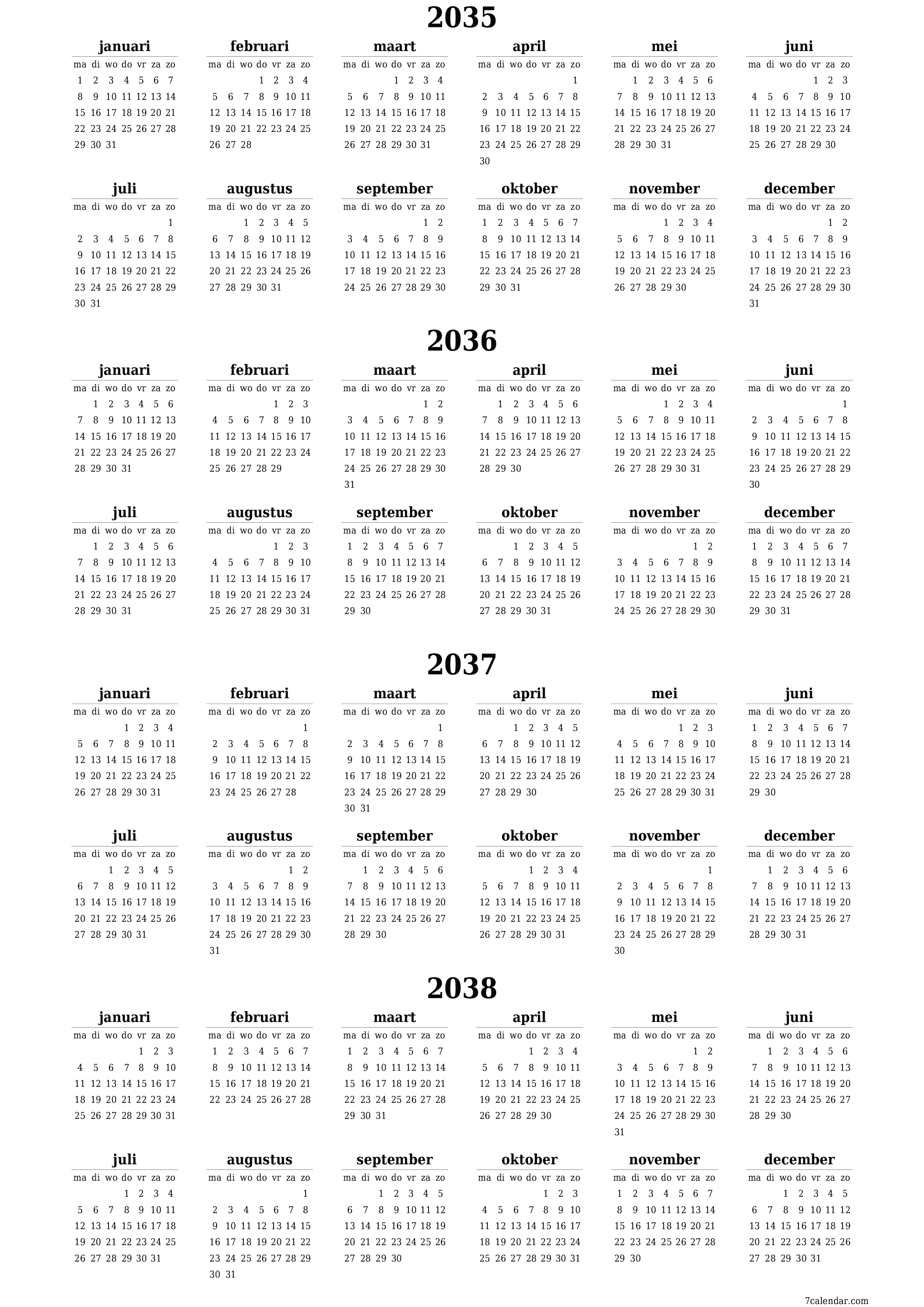 Lege jaarplanningskalender voor het jaar 2035, 2036, 2037, 2038 met notities, opslaan en afdrukken naar pdf PNG Dutch