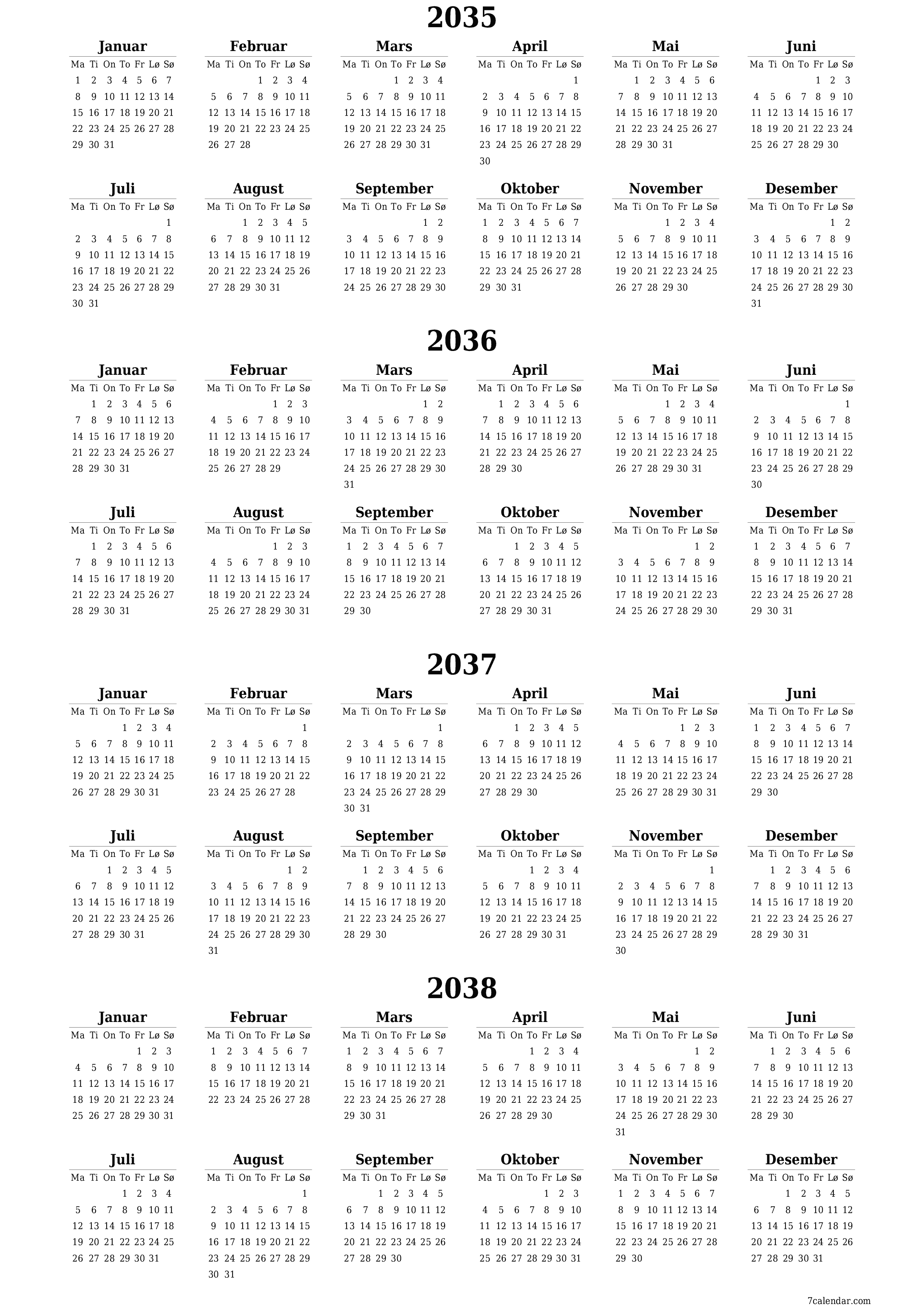 Tom årlig planleggerkalender for året 2035, 2036, 2037, 2038 med notater, lagre og skrive ut i PDF PNG Norwegian