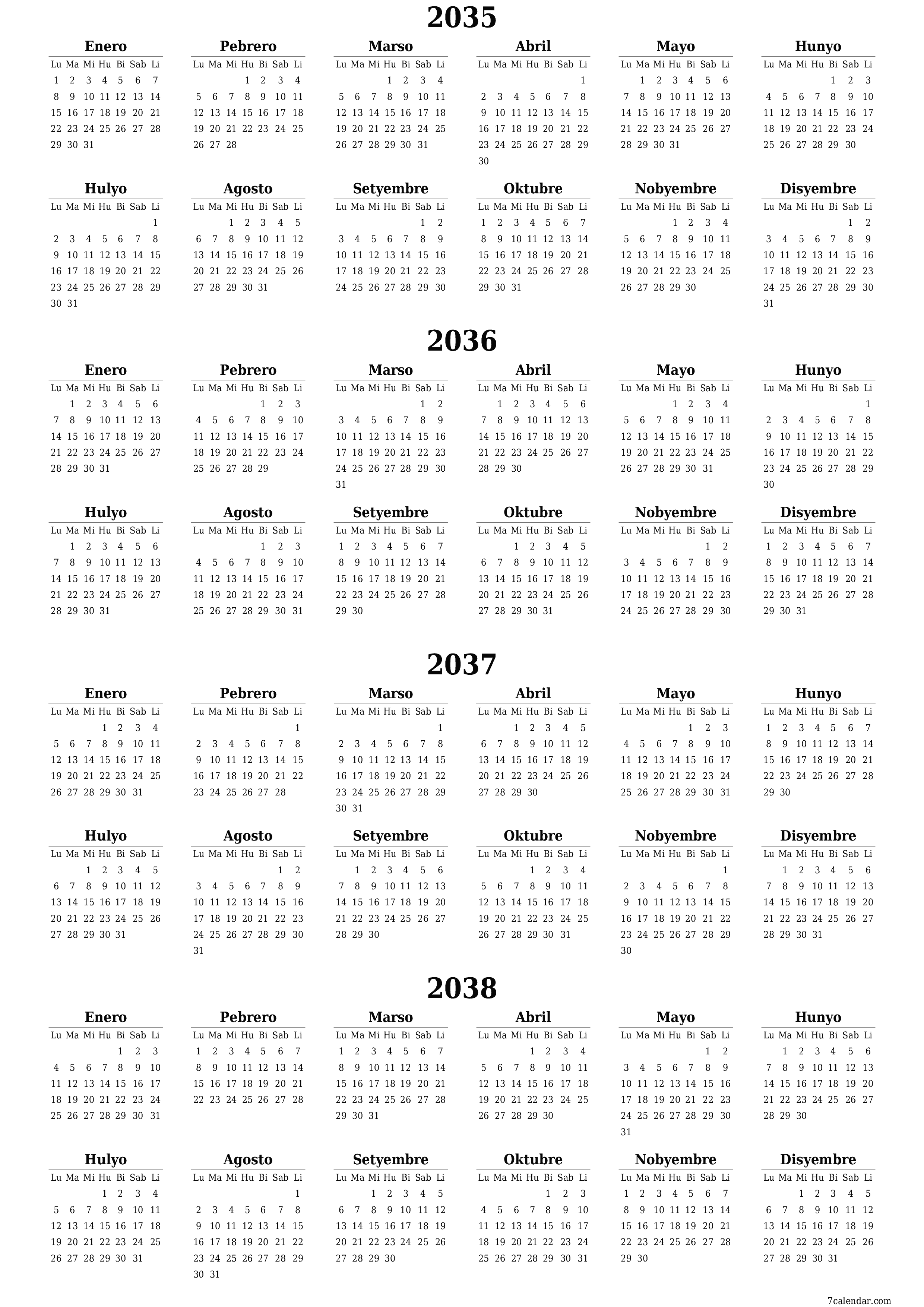 napi-print na sa dingding template ng libreng patayo Taunan kalendaryo Hunyo (Hun) 2035