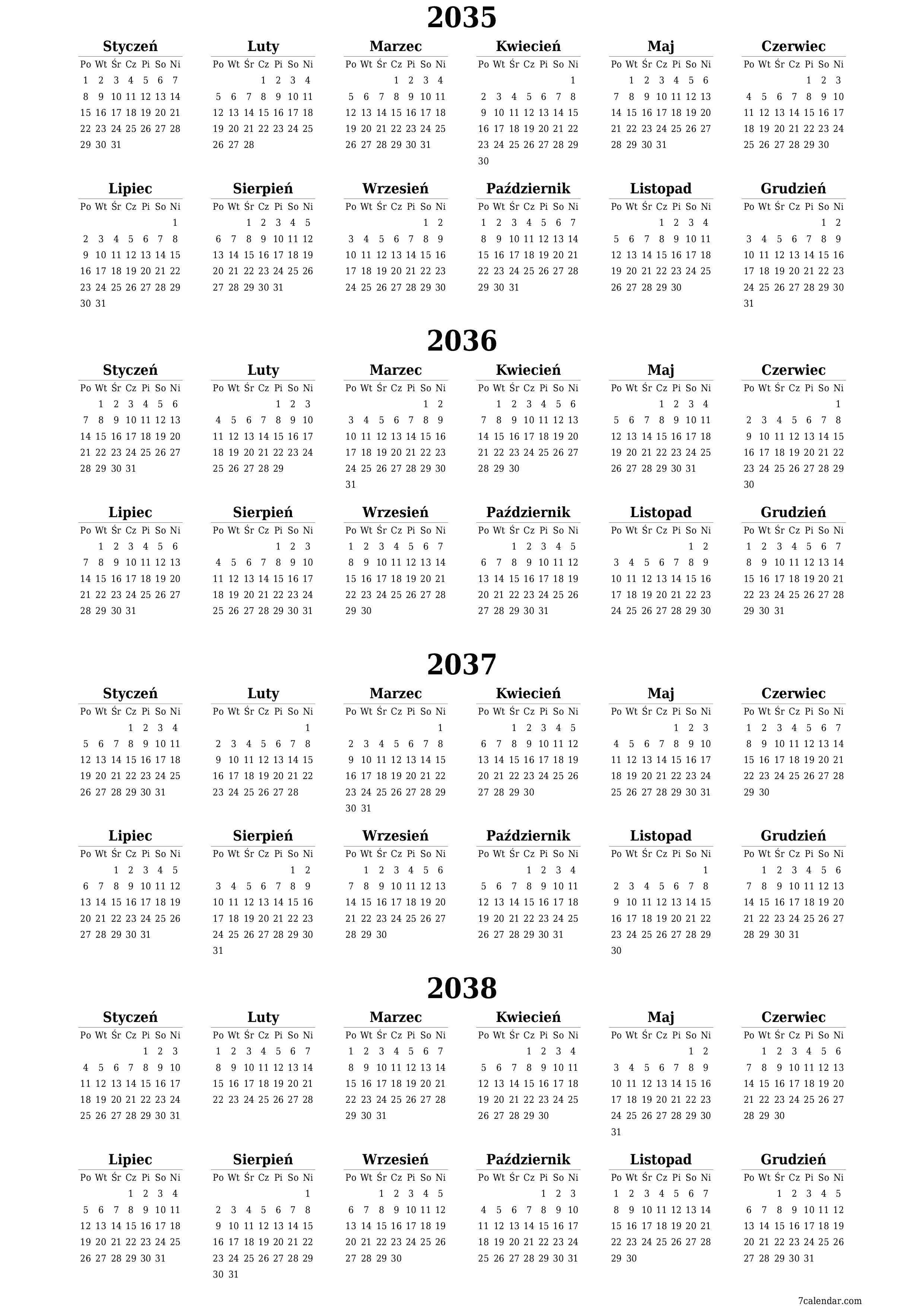 Opróżnij kalendarz rocznego planowania na rok 2035, 2036, 2037, 2038 z notatkami, zapisz i wydrukuj w formacie PDF PNG Polish