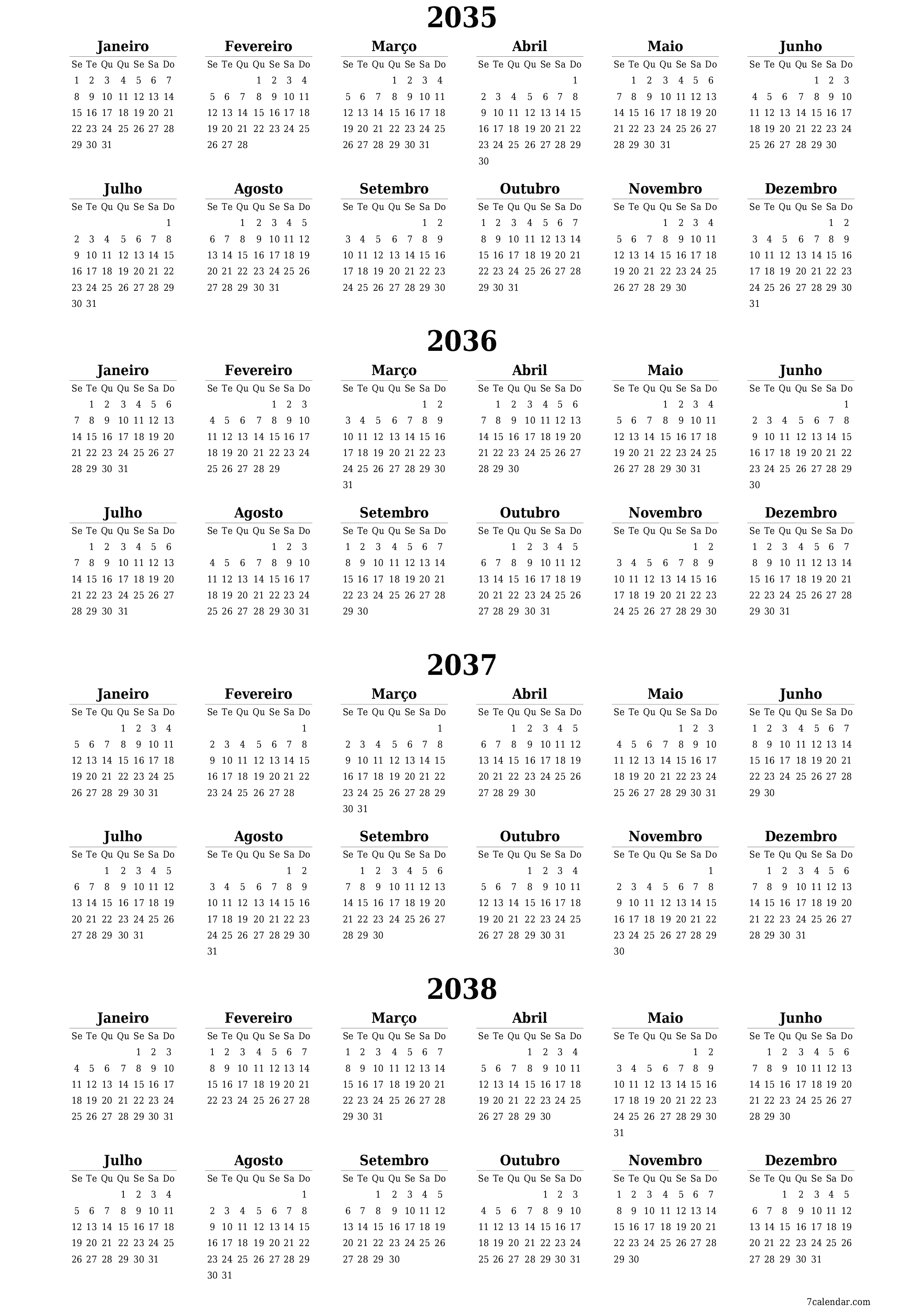 Calendário de planejador anual vazio para o ano 2035, 2036, 2037, 2038 com notas, salve e imprima em PDF PNG Portuguese