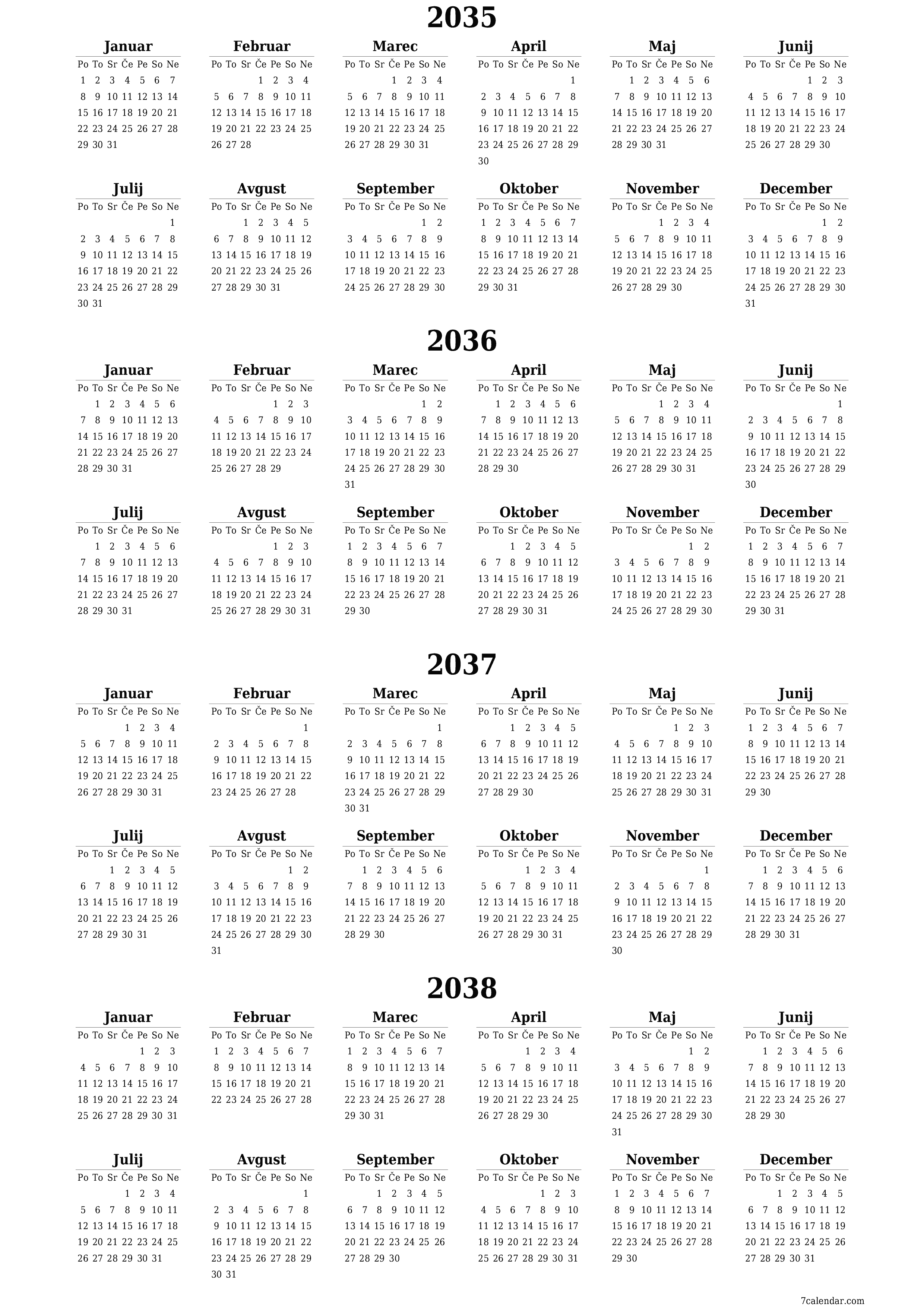 Prazen letni načrtovalec koledarja za leto 2035, 2036, 2037, 2038 z opombami za tiskanje v PDF-ju PNG Slovenian