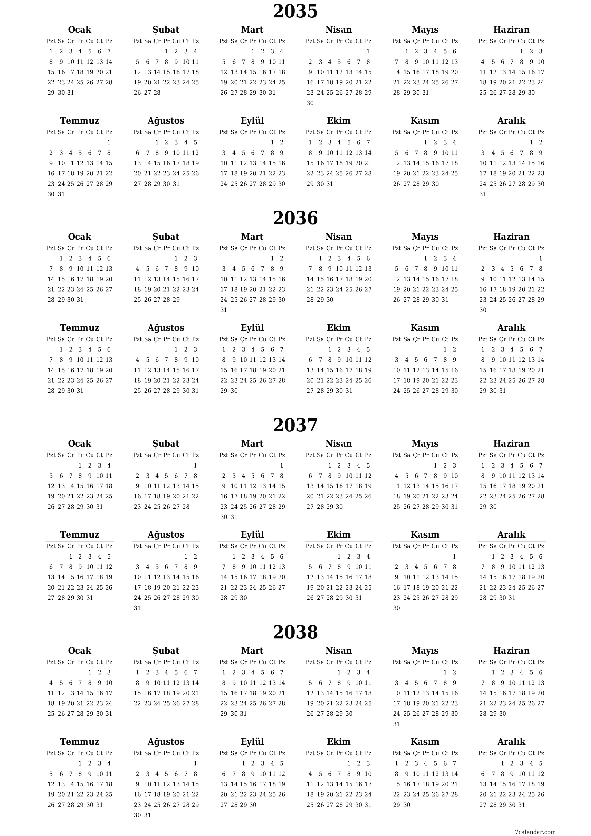 Notlarla 2035, 2036, 2037, 2038 yıl için yıllık planlayıcı takvimini boşaltın, kaydedin ve PDF olarak yazdırın PNG Turkish