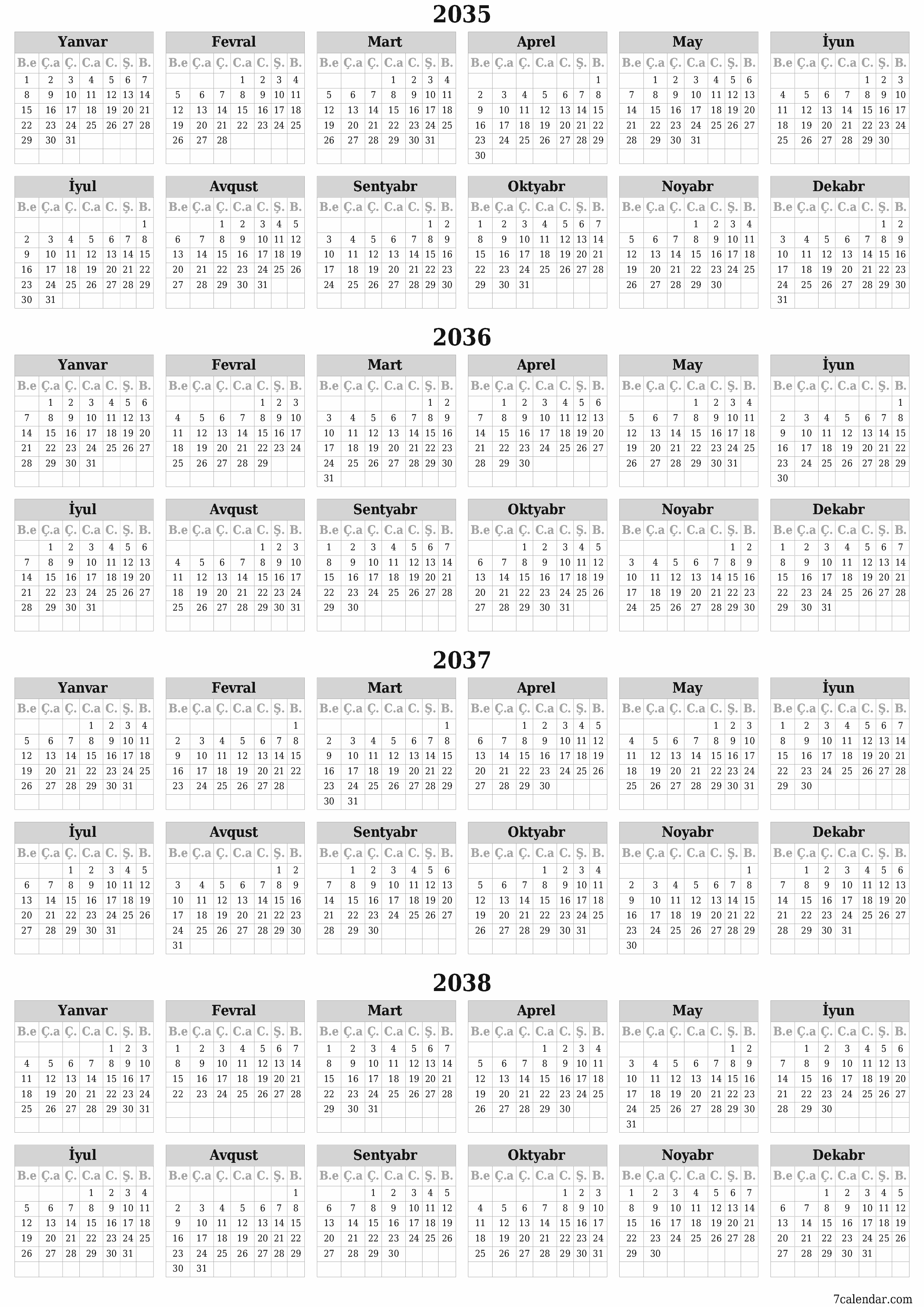 2035, 2036, 2037, 2038 ili üçün illik illik planlayıcı təqvim, qeydlər ilə boş saxlayın, qeyd edin və PDF-ə yazdırın PNG Azerbaijani