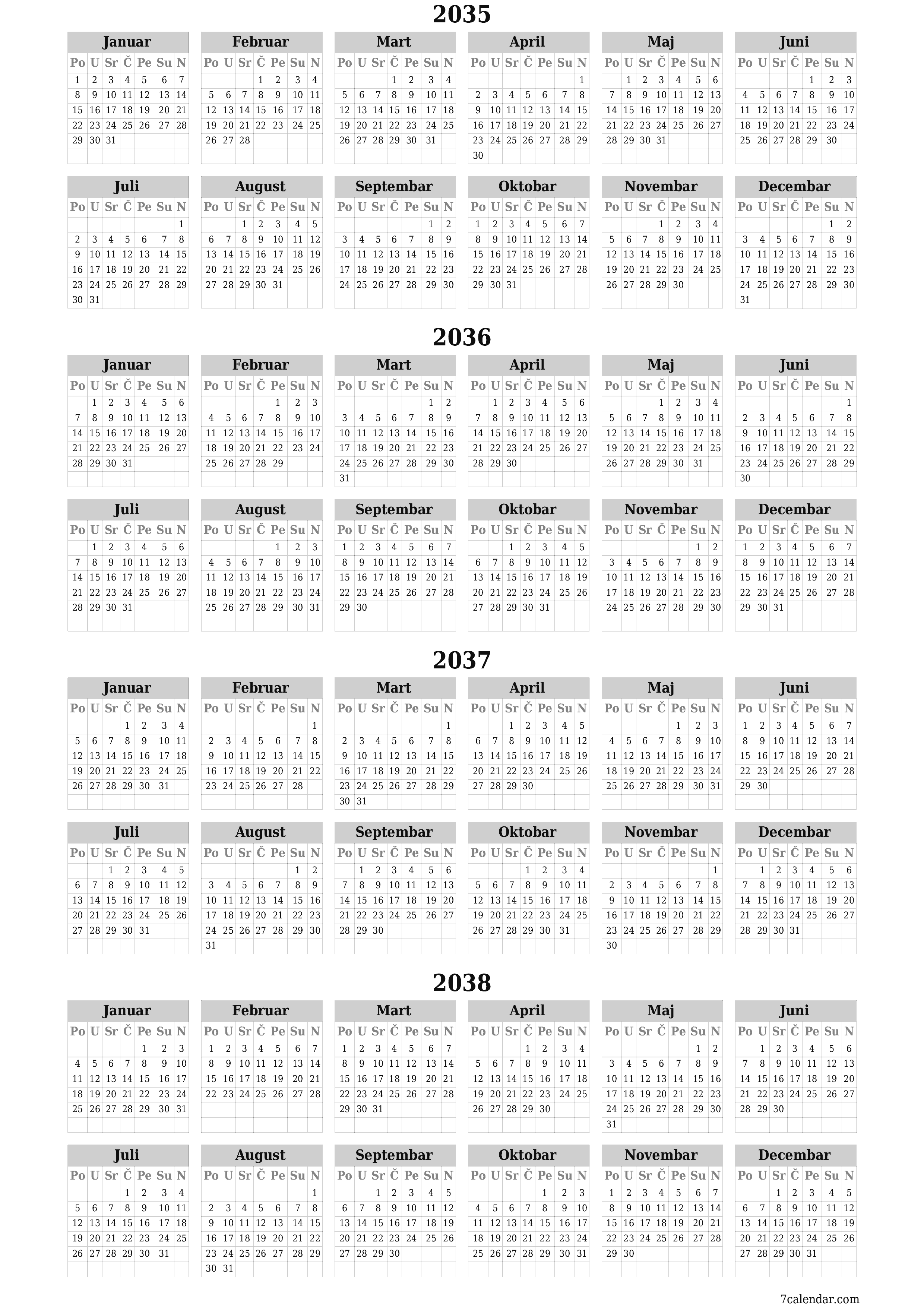 Ispraznite godišnji kalendar planera za godinu 2035, 2036, 2037, 2038 s bilješkama, spremite i ispišite u PDF PNG Bosnian