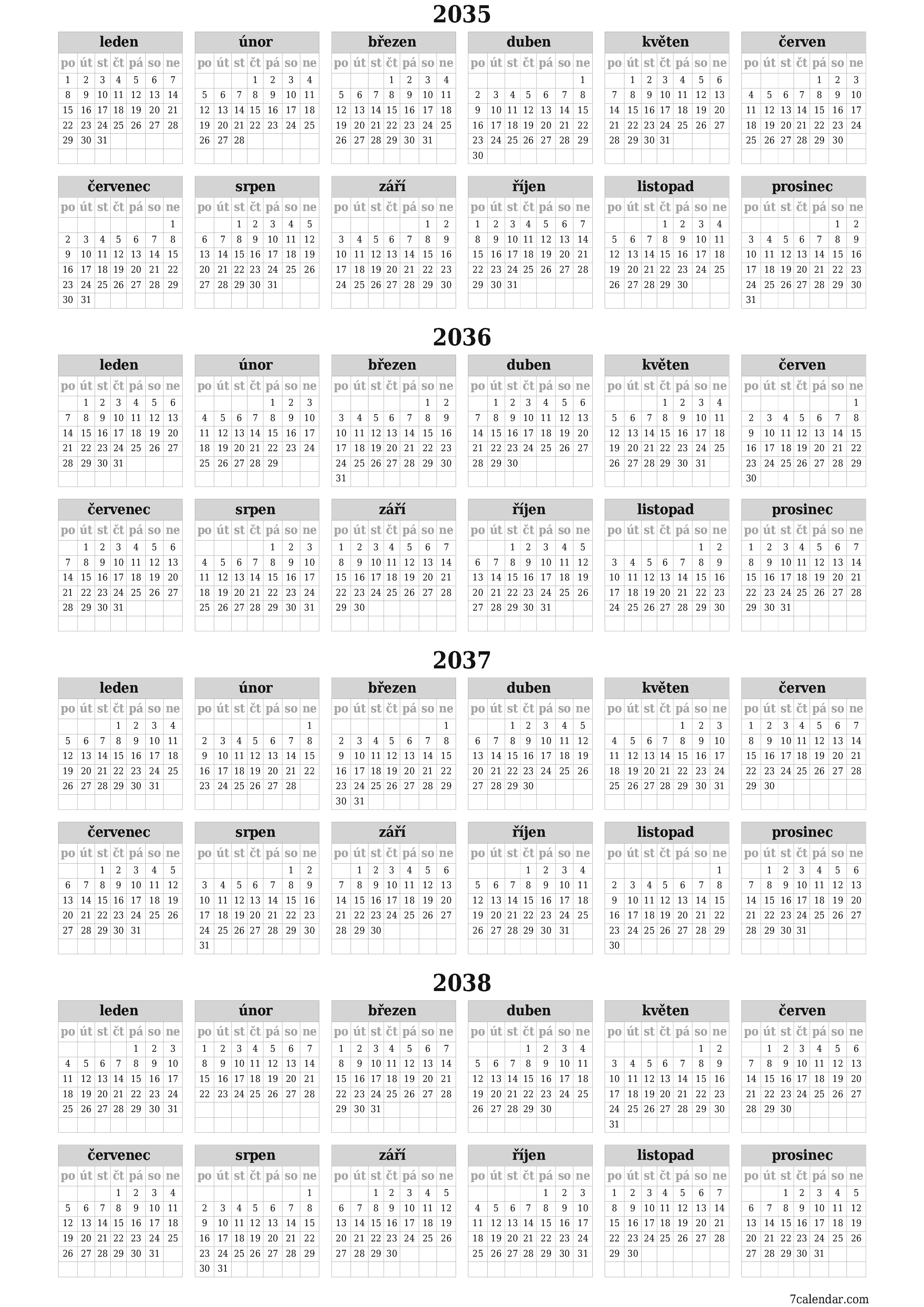 Prázdný roční kalendář plánovače pro rok 2035, 2036, 2037, 2038 s poznámkami, uložením a tiskem do PDF PNG Czech