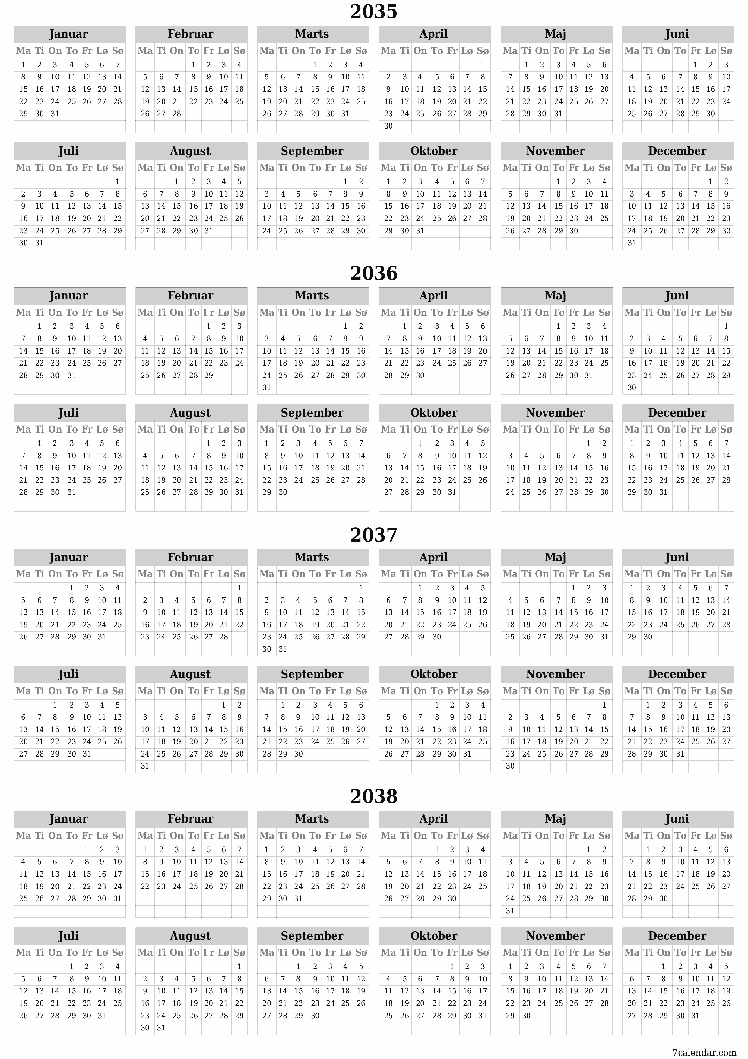 Tom årlig planlægningskalender for året 2035, 2036, 2037, 2038 med noter, gem og udskriv til PDF PNG Danish