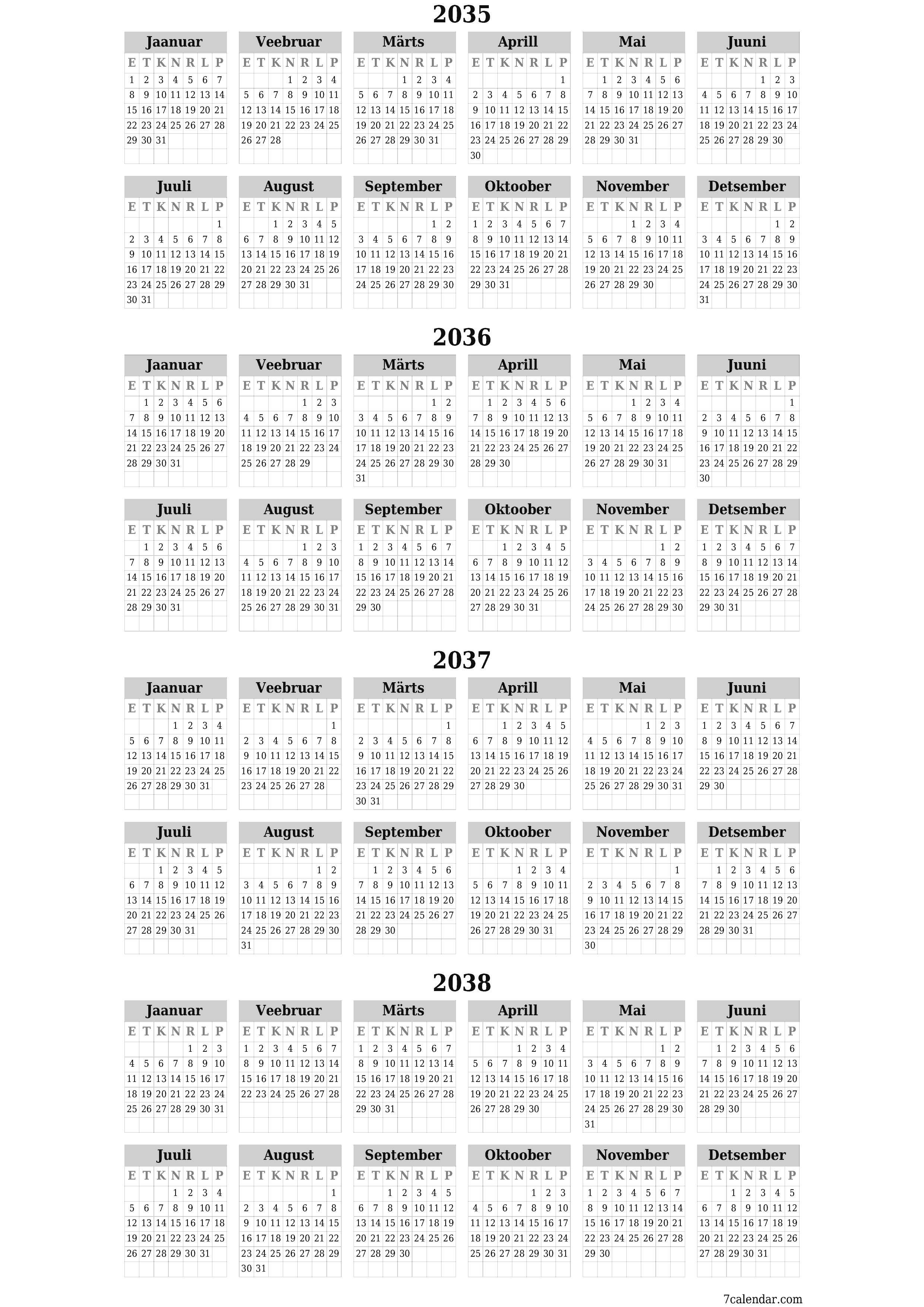 Tühi aasta planeerija kalender aastaks 2035, 2036, 2037, 2038 koos märkmetega, salvestage ja printige PDF-i PNG Estonian