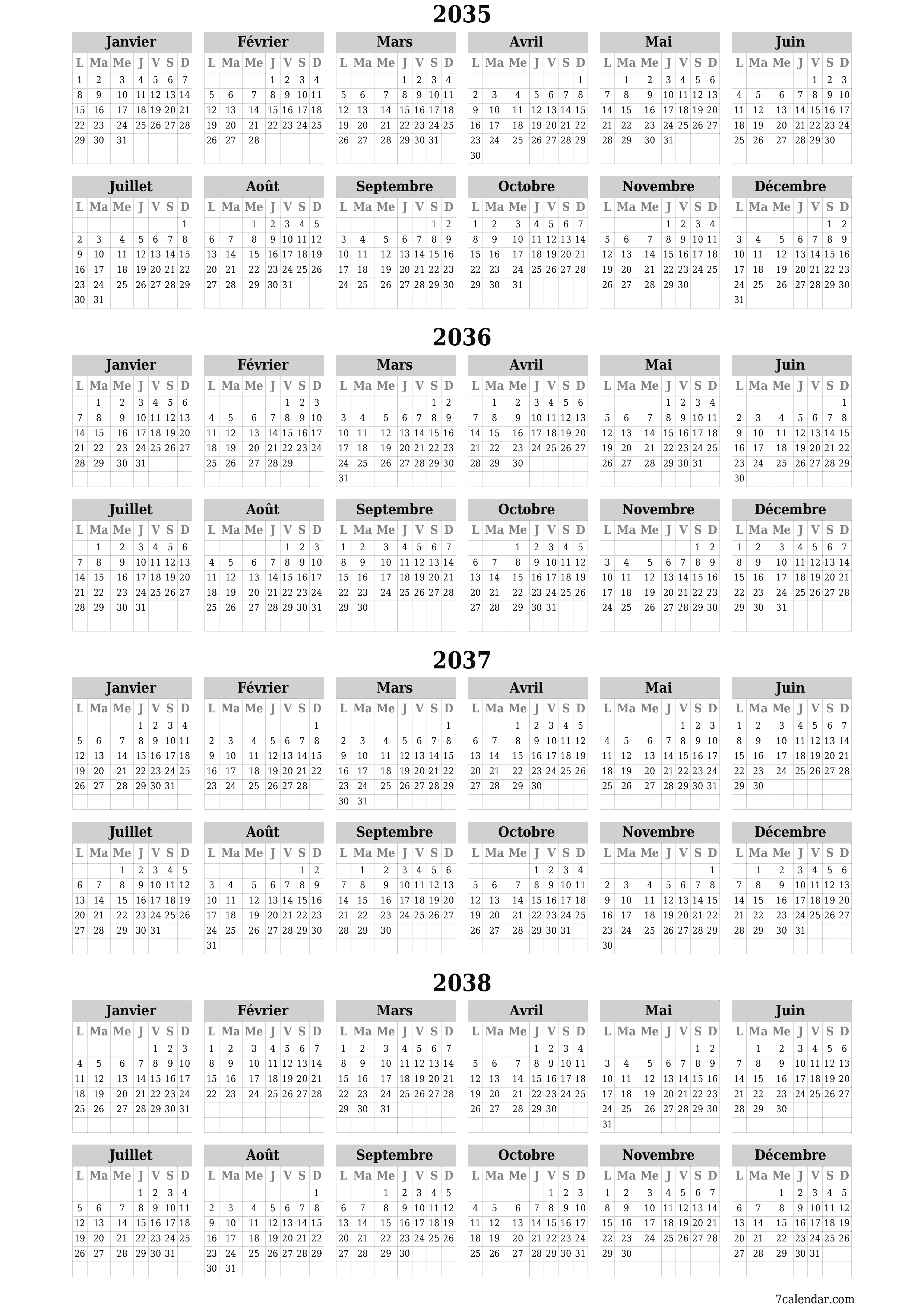 Calendrier annuel vide pour l'année 2035, 2036, 2037, 2038 avec notes, enregistrer et imprimer au format PDF PNG French