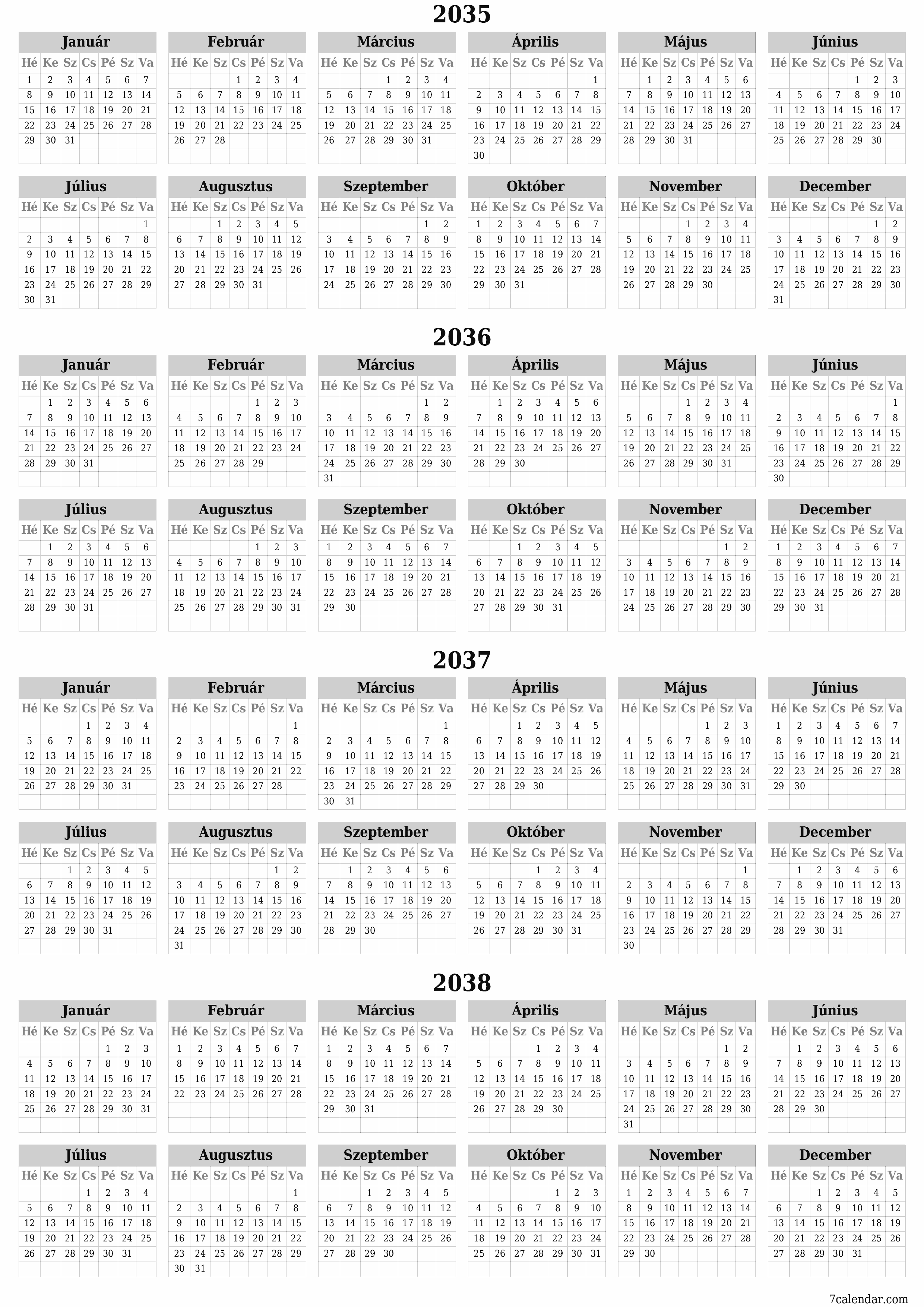 Üres éves tervezői naptár az évre 2035, 2036, 2037, 2038 jegyzetekkel, mentés és nyomtatás PDF-be PNG Hungarian