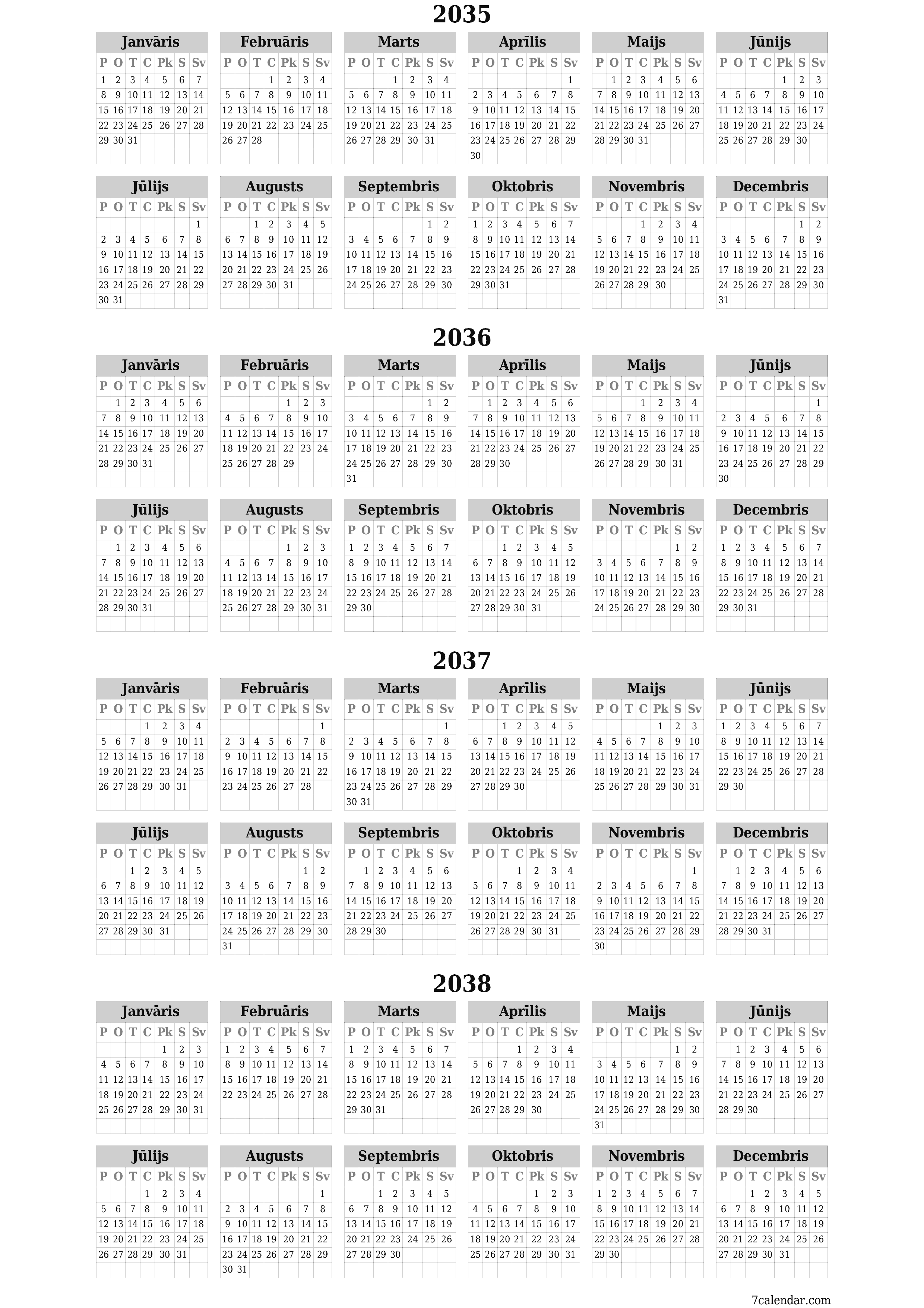 izdrukājams sienas kalendāra veidne bezmaksas vertikāli Gada kalendārs Jūnijs (Jūn) 2035
