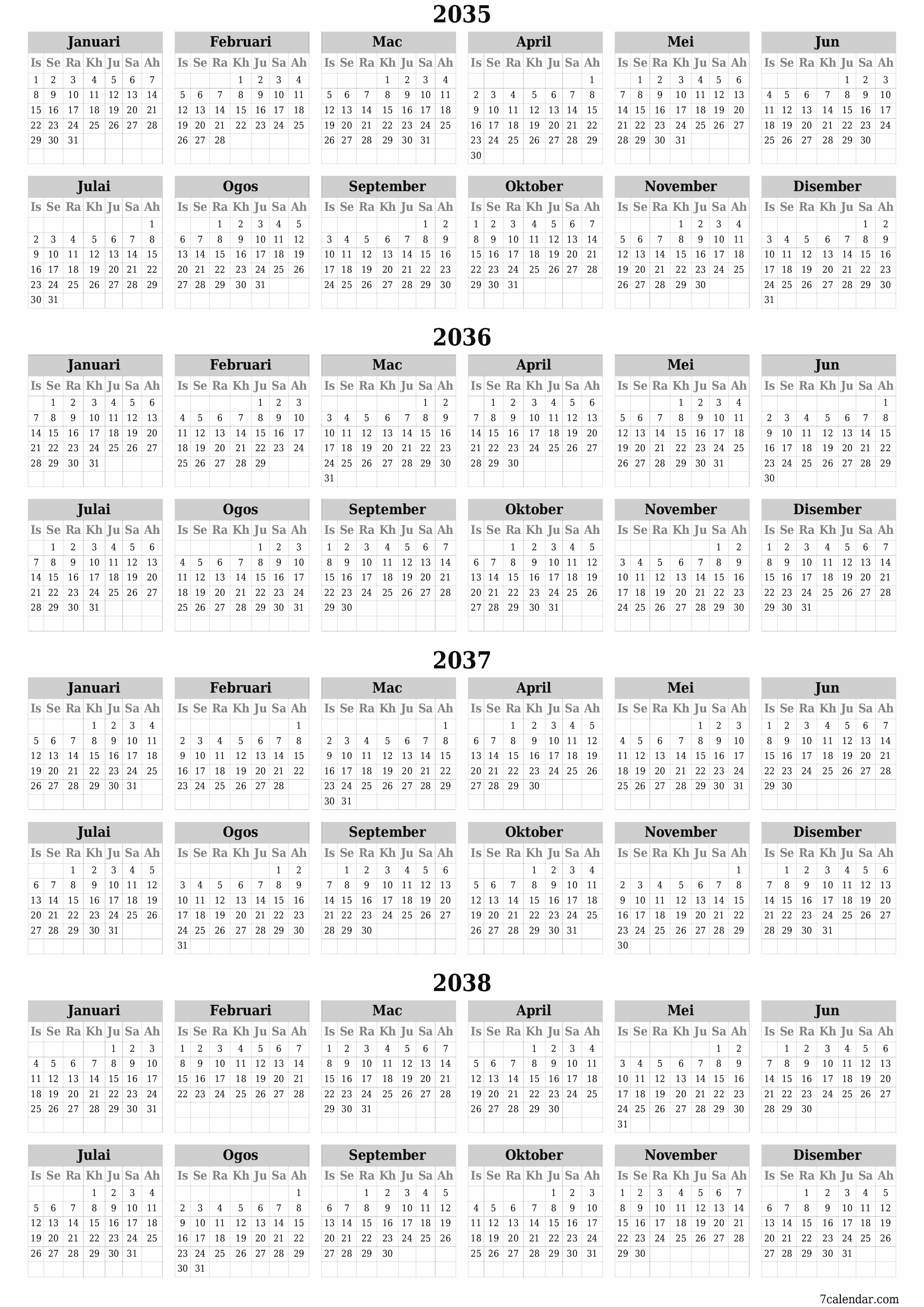 Kalendar perancang tahunan kosong untuk tahun ini 2035, 2036, 2037, 2038 dengan nota, simpan dan cetak ke PDF PNG Malay