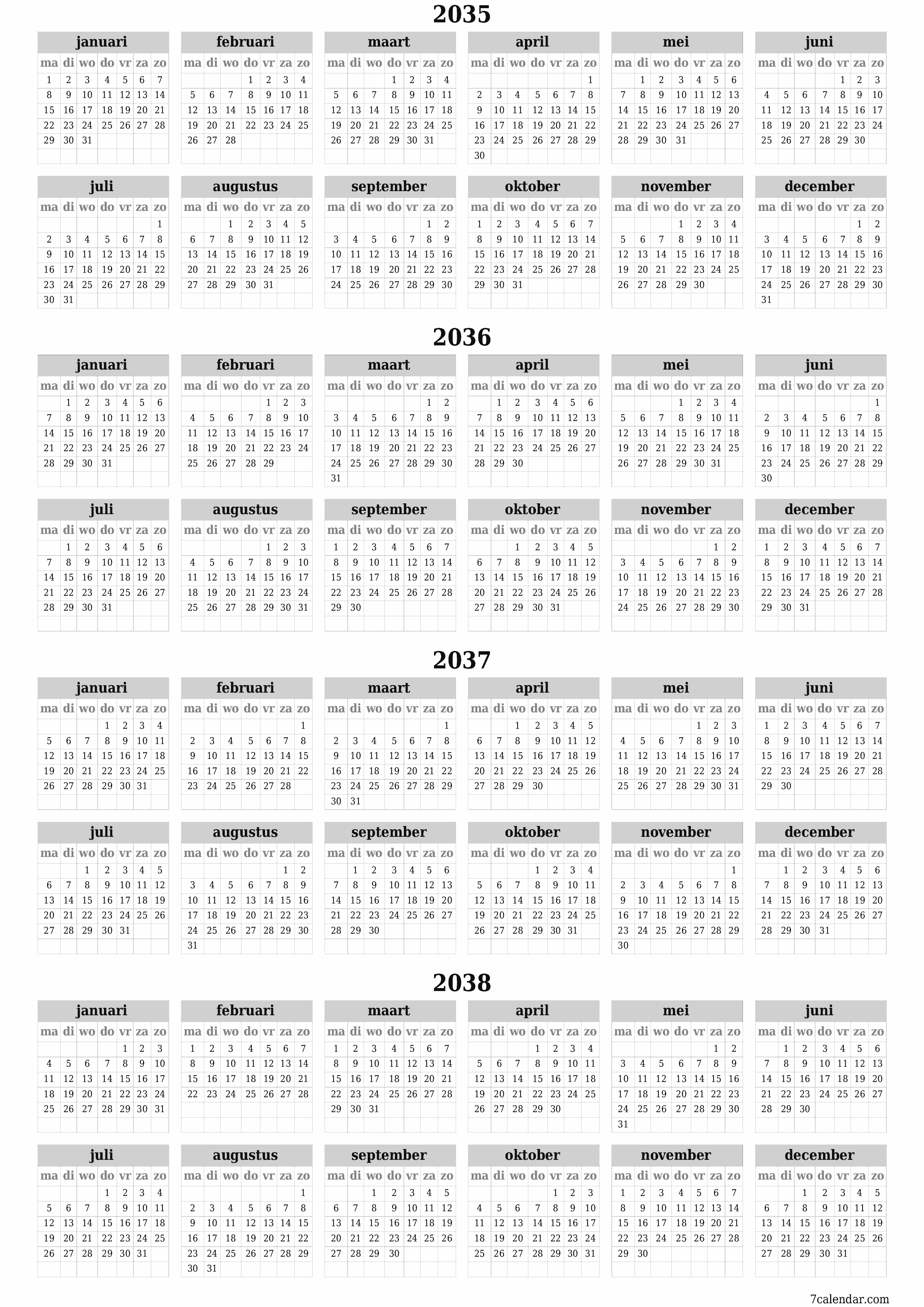 Lege jaarplanningskalender voor het jaar 2035, 2036, 2037, 2038 met notities, opslaan en afdrukken naar pdf PNG Dutch