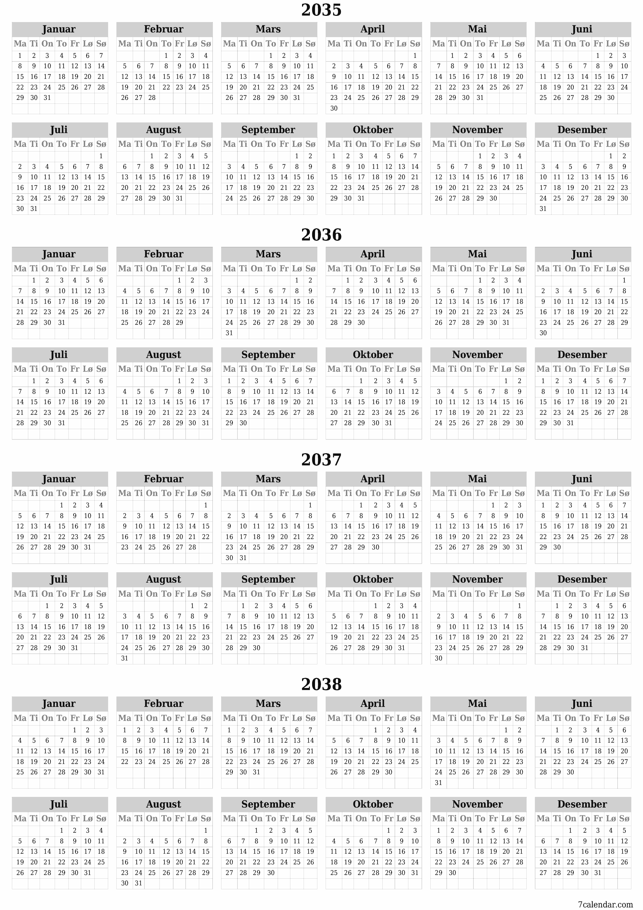 Tom årlig planleggerkalender for året 2035, 2036, 2037, 2038 med notater, lagre og skrive ut i PDF PNG Norwegian