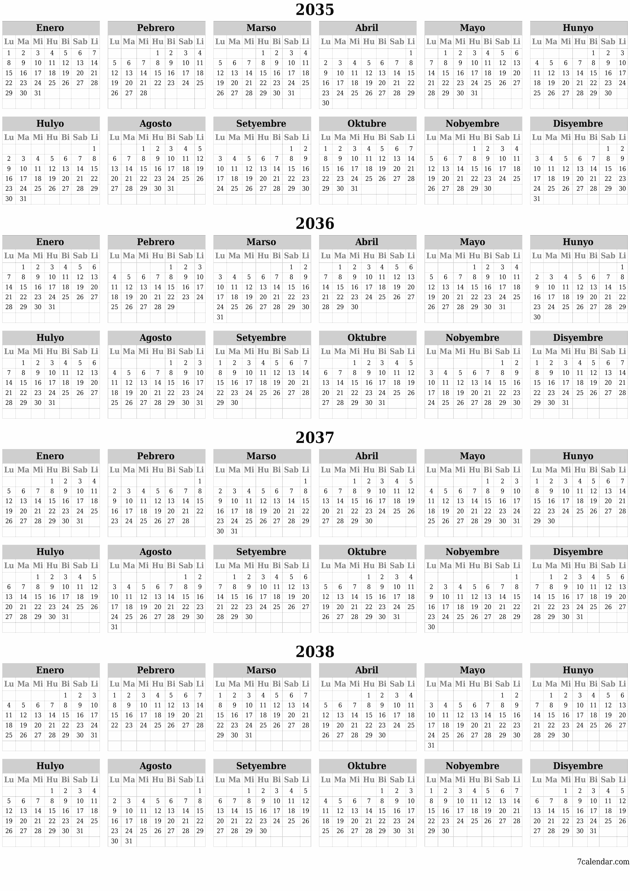 napi-print na sa dingding template ng libreng patayo Taunan kalendaryo Hunyo (Hun) 2035