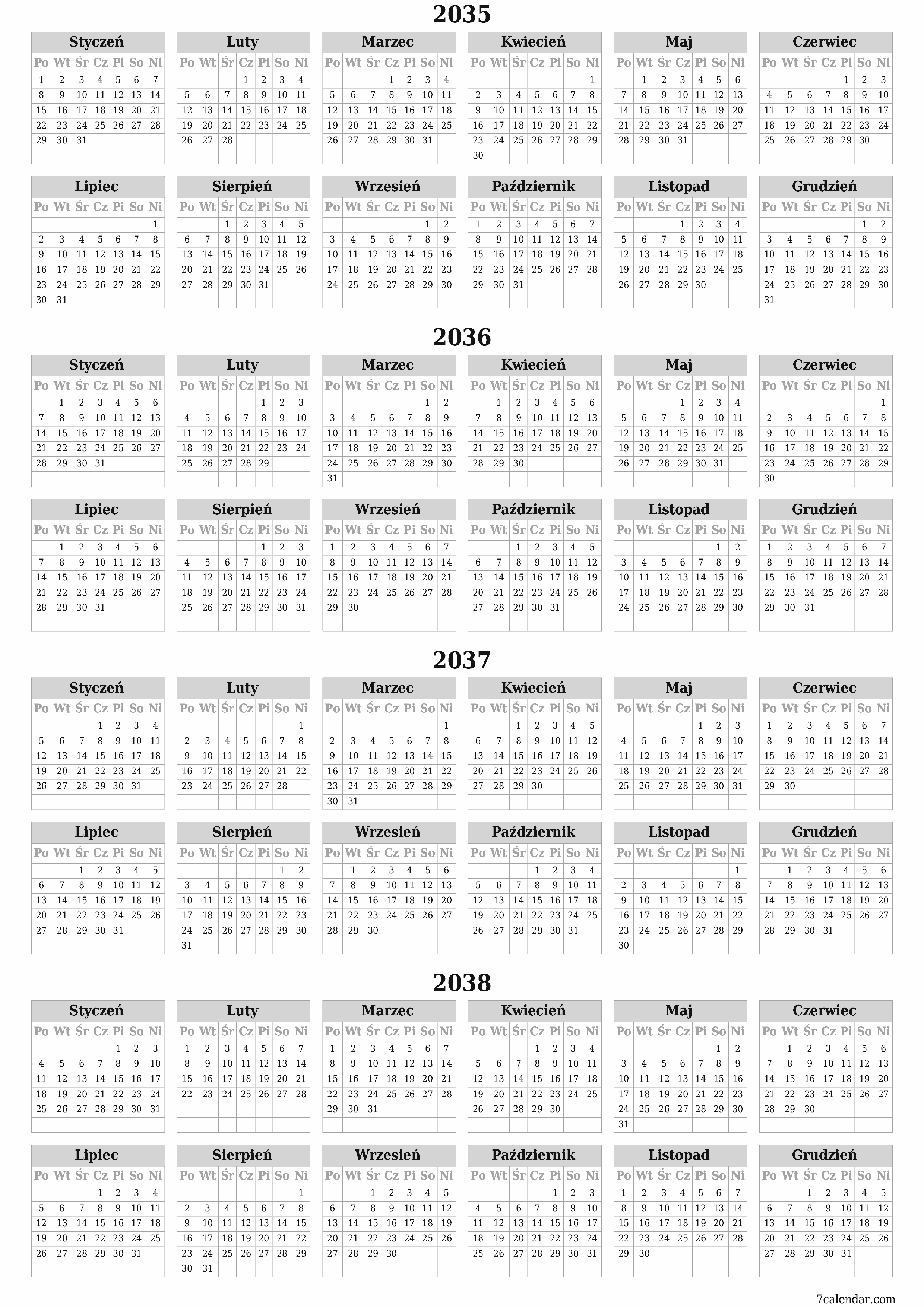 Opróżnij kalendarz rocznego planowania na rok 2035, 2036, 2037, 2038 z notatkami, zapisz i wydrukuj w formacie PDF PNG Polish