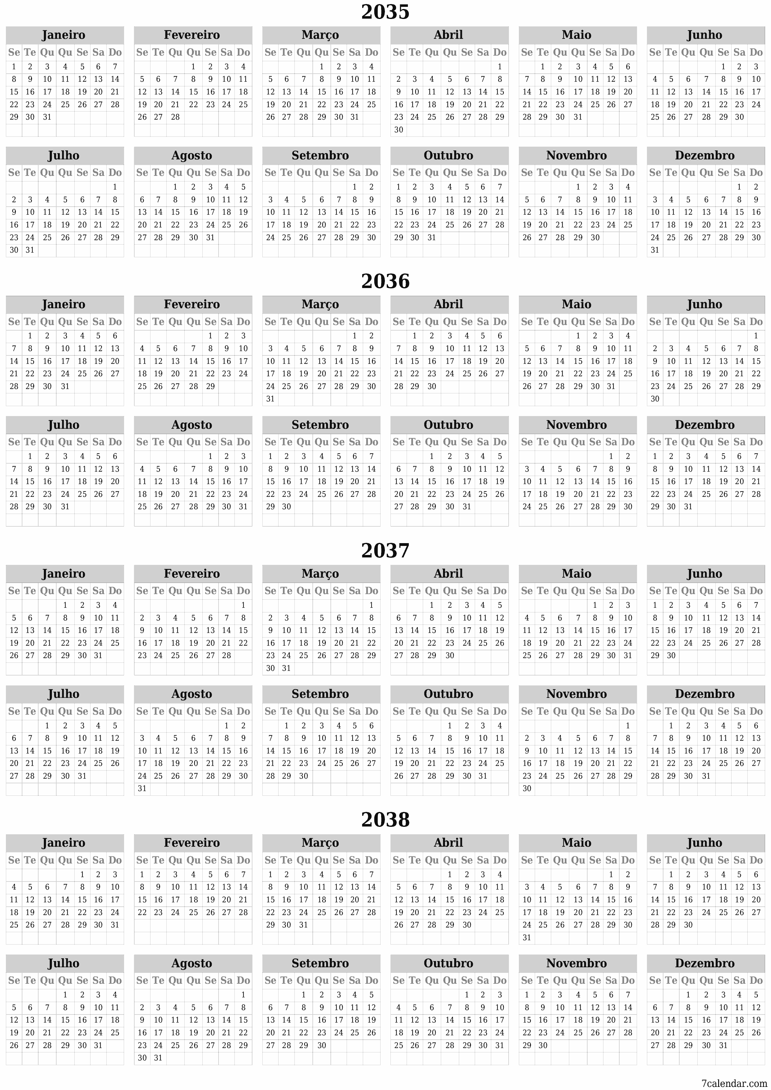 Calendário de planejador anual vazio para o ano 2035, 2036, 2037, 2038 com notas, salve e imprima em PDF PNG Portuguese