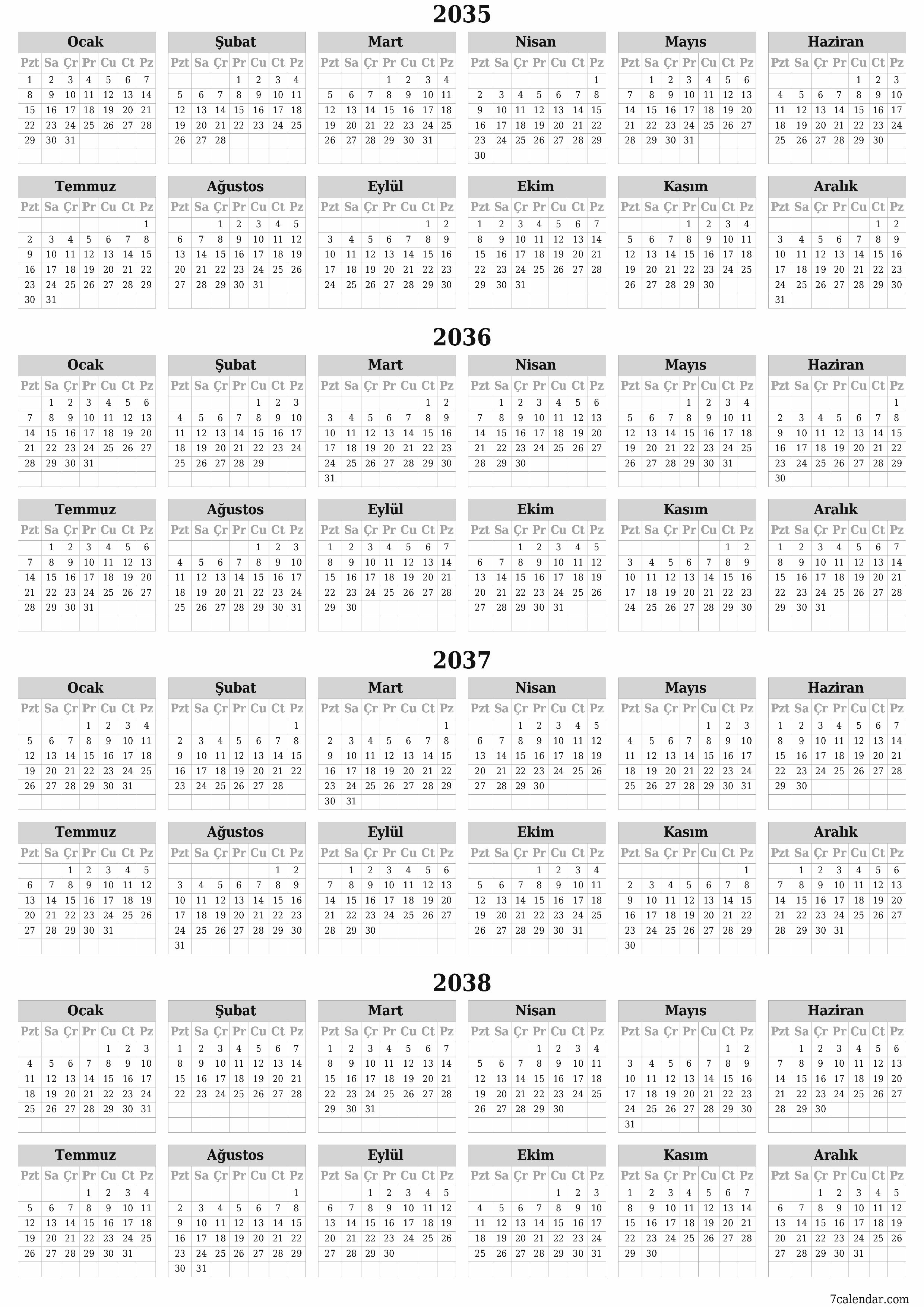 Notlarla 2035, 2036, 2037, 2038 yıl için yıllık planlayıcı takvimini boşaltın, kaydedin ve PDF olarak yazdırın PNG Turkish