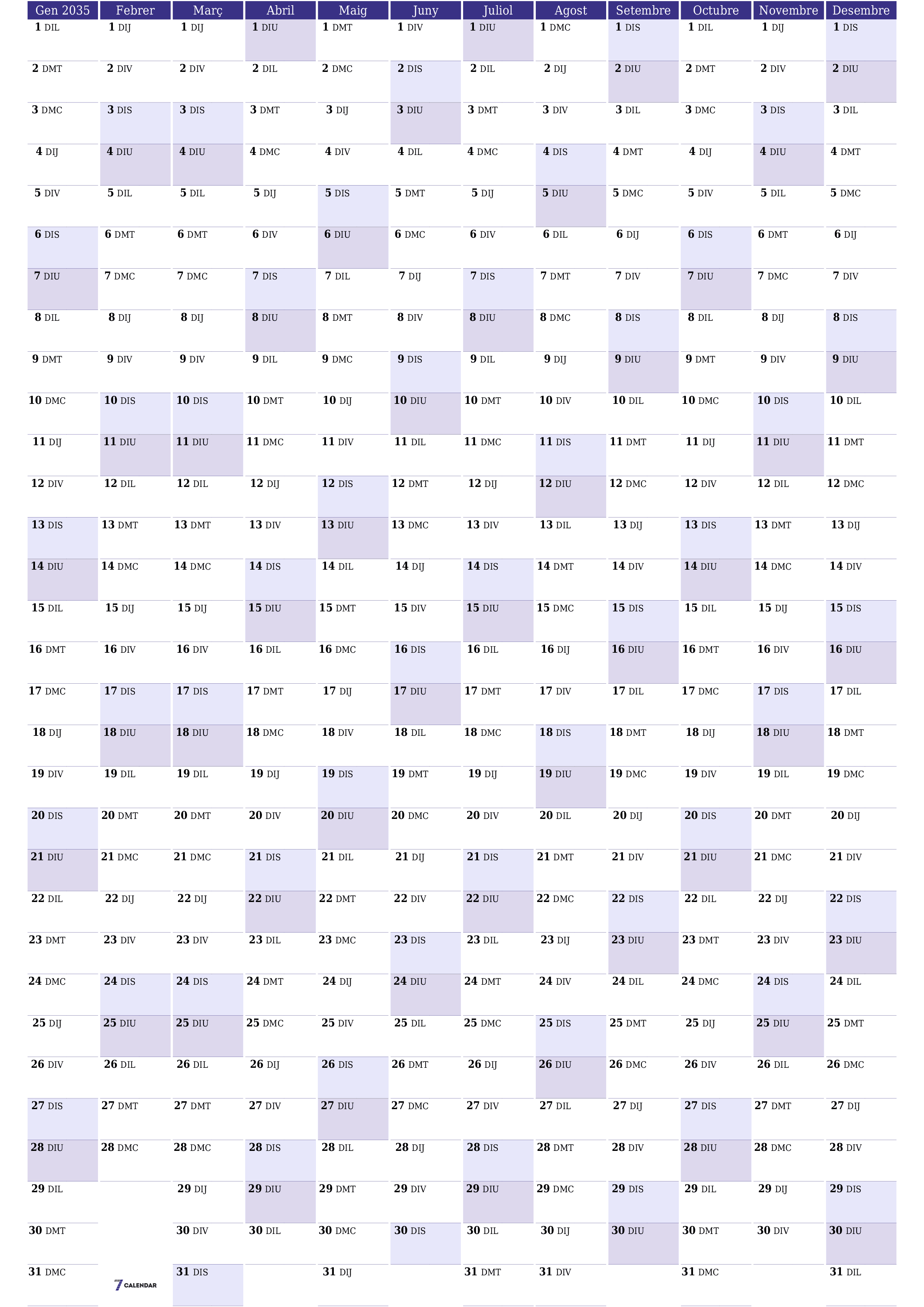 Planificador anual buit 2035 amb notes desades i imprimides en PDF PNG Catalan