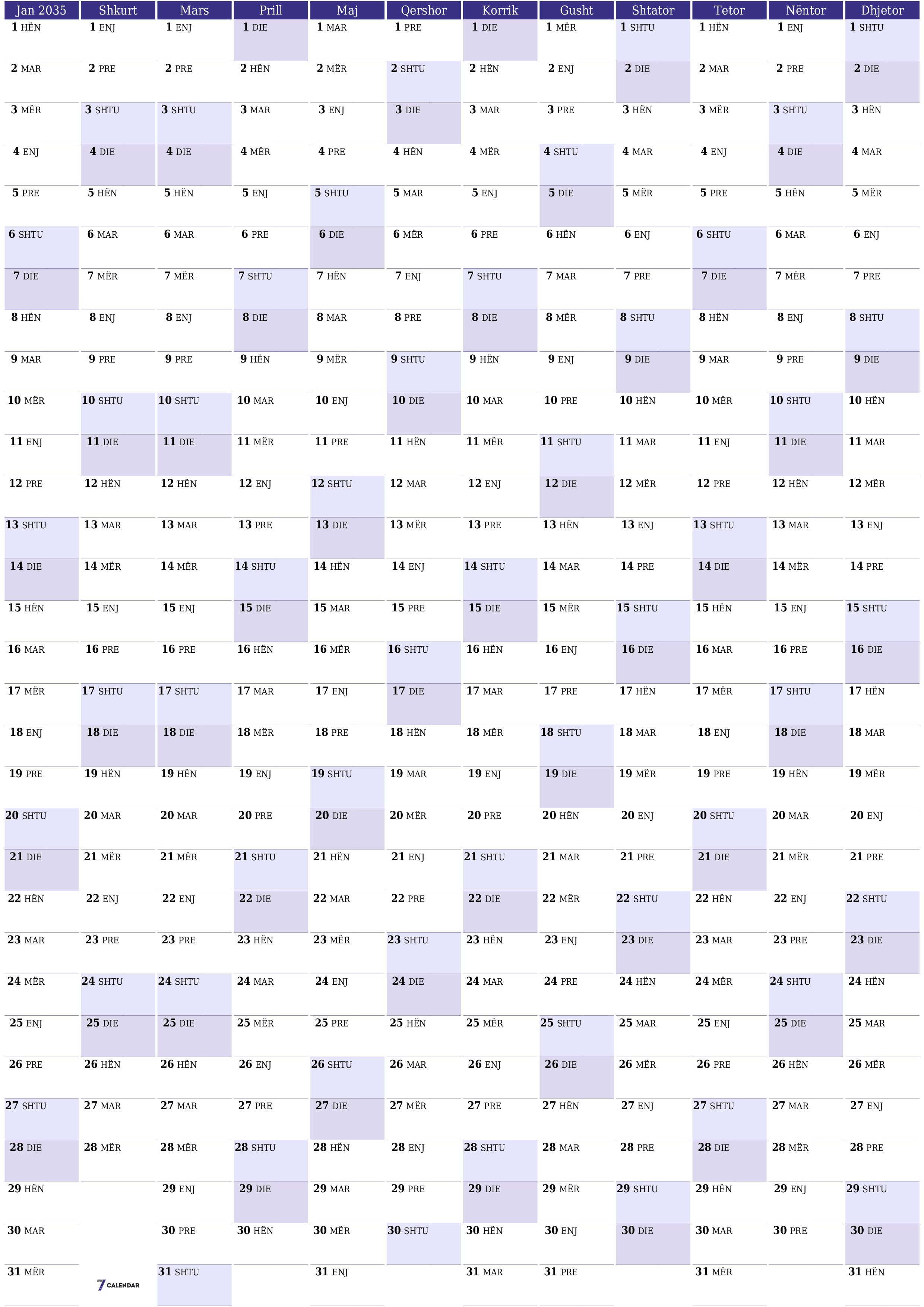 Planifikuesi bosh i kalendarit vjetor për vitin 2035 me shënime, ruani dhe printoni në PDF PNG Albanian