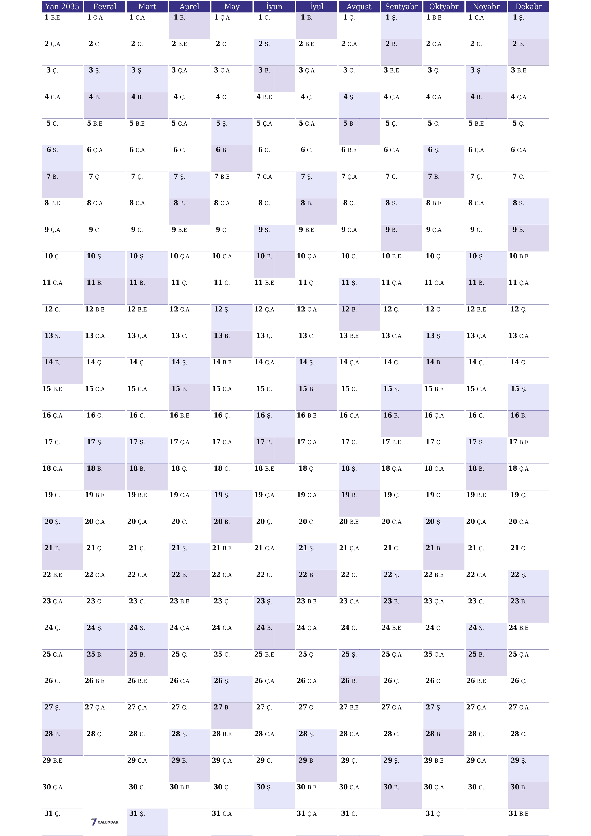 2035 ili üçün illik illik planlayıcı təqvim, qeydlər ilə boş saxlayın, qeyd edin və PDF-ə yazdırın PNG Azerbaijani