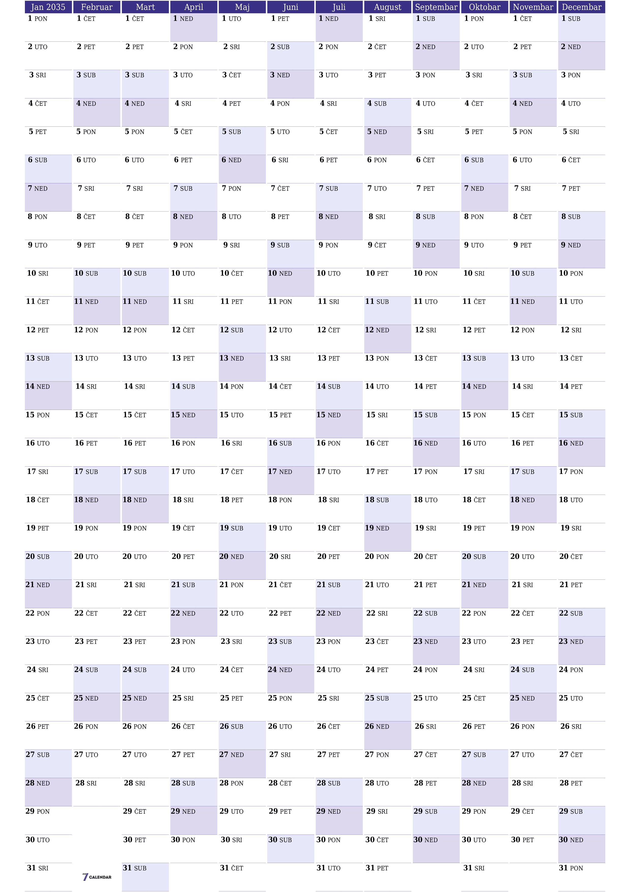 Ispraznite godišnji kalendar planera za godinu 2035 s bilješkama, spremite i ispišite u PDF PNG Bosnian