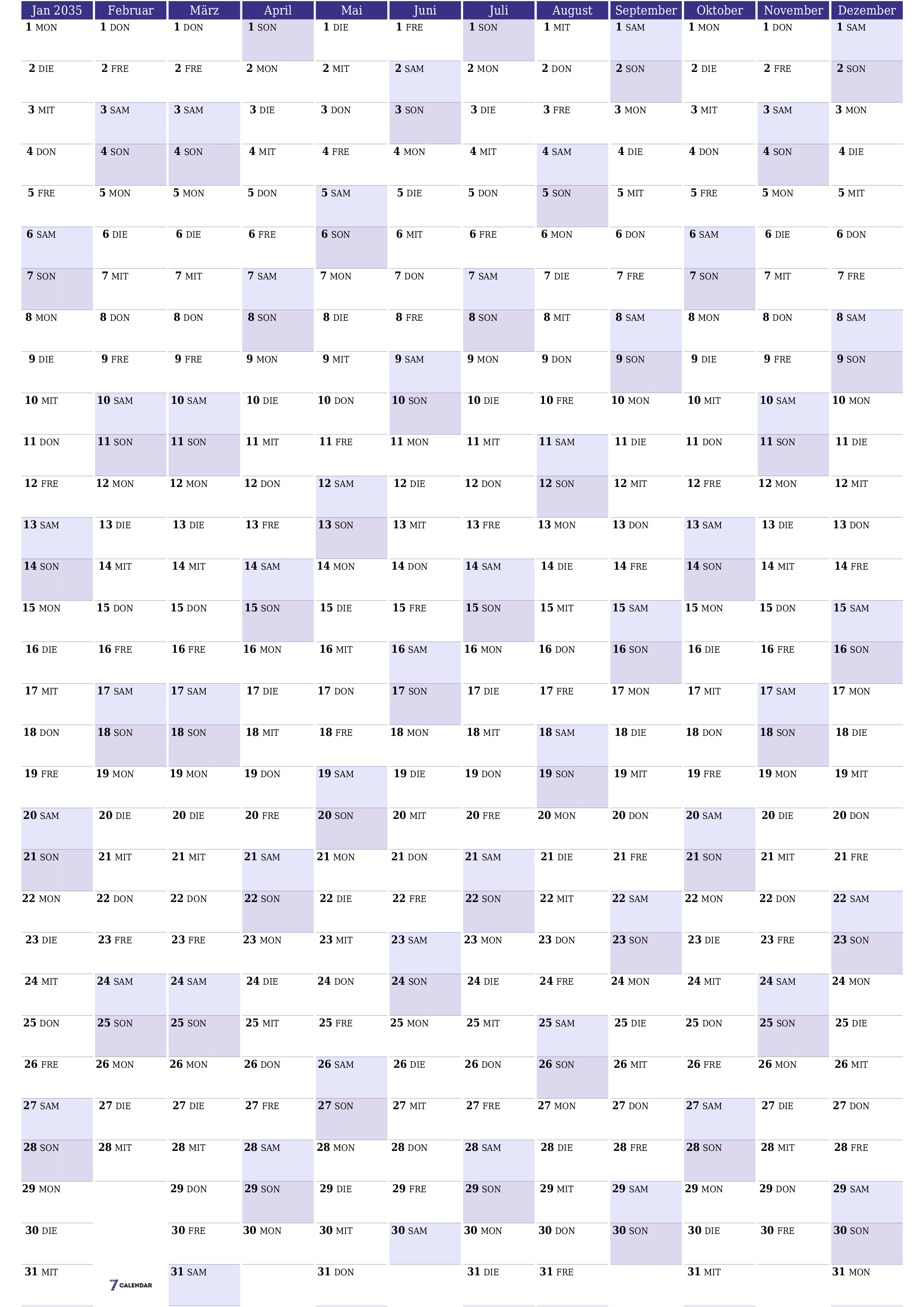 Jahresplanerkalender für das Jahr 2035 mit Notizen leeren, speichern und als PDF PNG German - 7calendar.com drucken