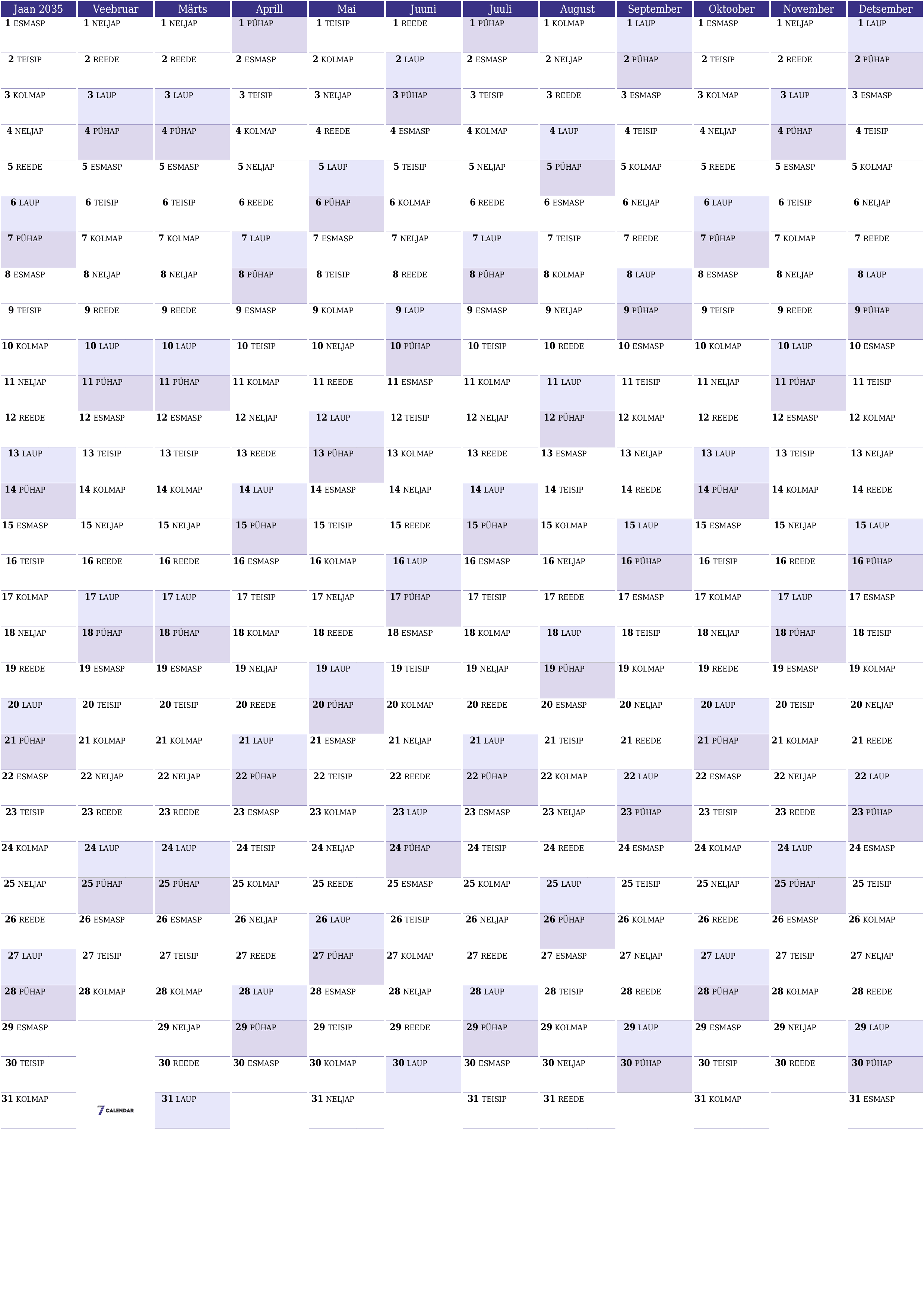 Tühi aasta planeerija kalender aastaks 2035 koos märkmetega, salvestage ja printige PDF-i PNG Estonian