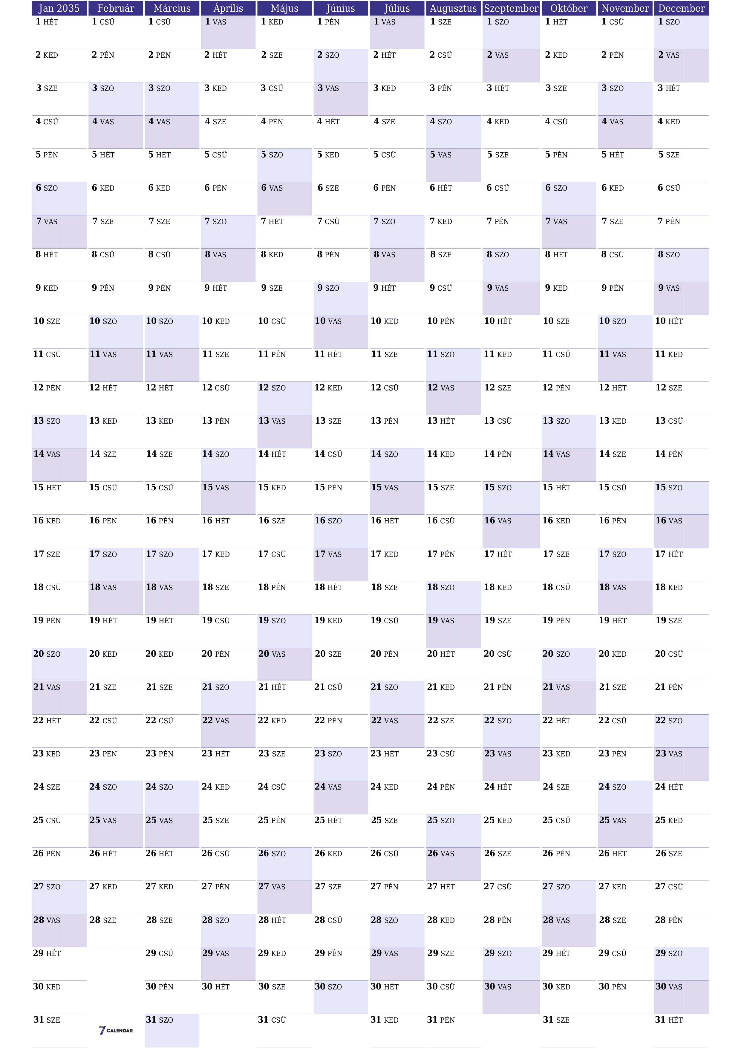 Üres éves tervezői naptár az évre 2035 jegyzetekkel, mentés és nyomtatás PDF-be PNG Hungarian