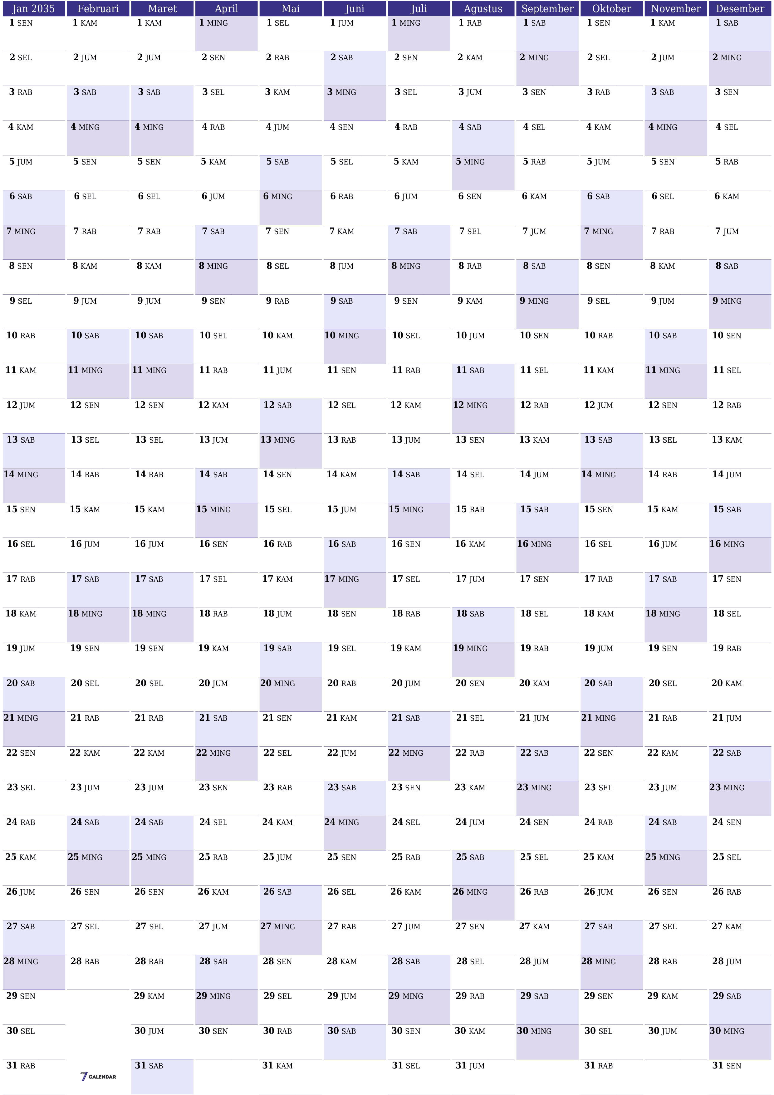 Kosongkan kalender perencana tahunan untuk tahun ini 2035 dengan catatan, simpan dan cetak ke PDF PNG Indonesian