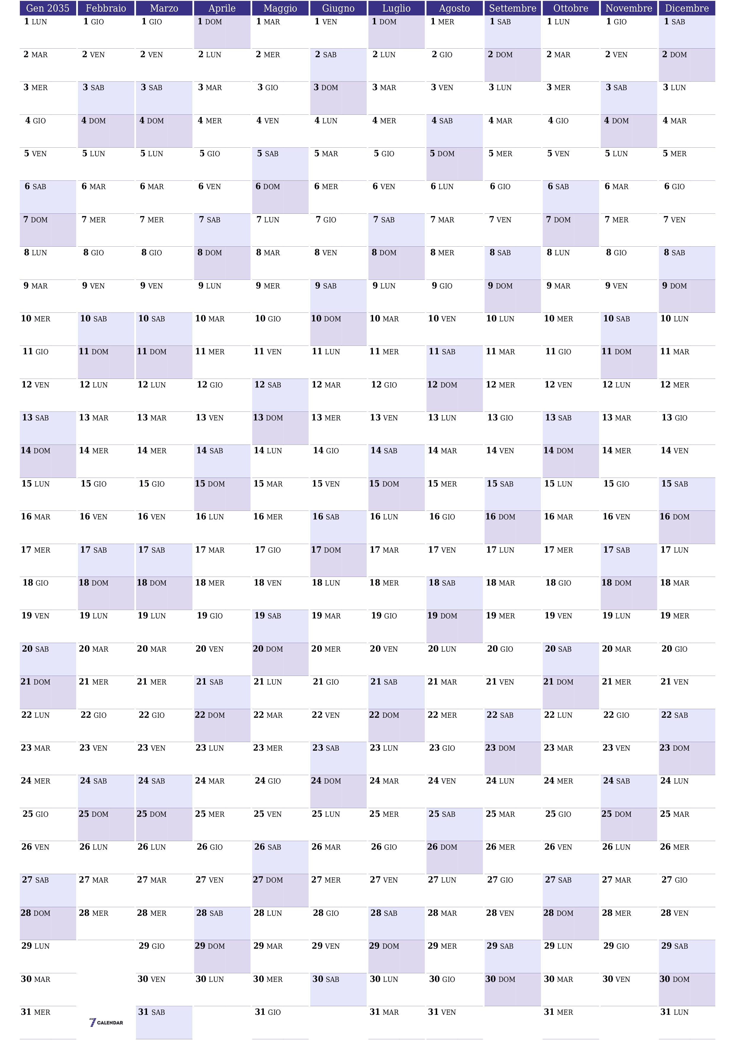 Calendario pianificatore annuale vuoto per l'anno 2035 con note, salva e stampa in PDF PNG Italian