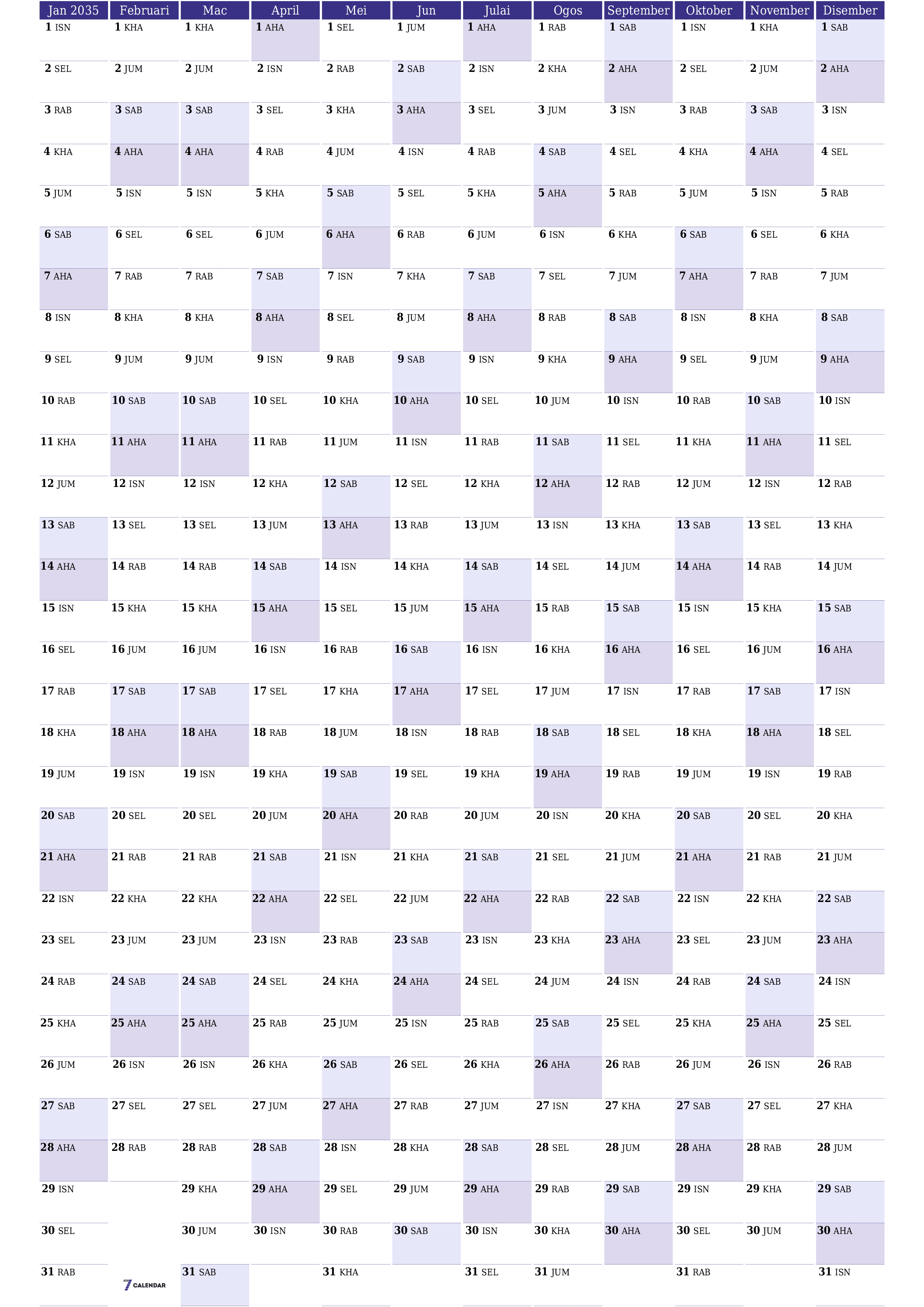 Kalendar perancang tahunan kosong untuk tahun ini 2035 dengan nota, simpan dan cetak ke PDF PNG Malay