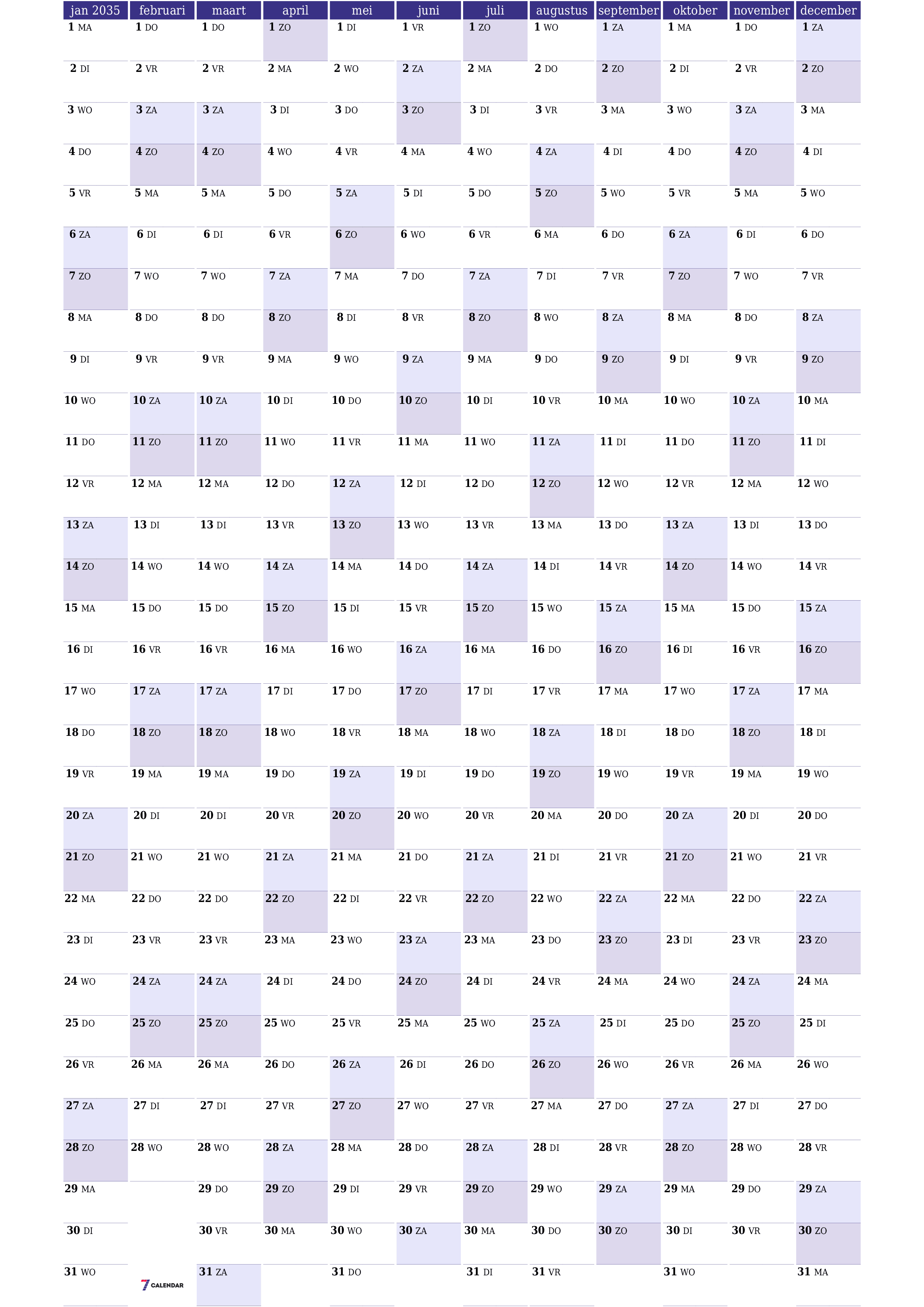 Lege jaarplanningskalender voor het jaar 2035 met notities, opslaan en afdrukken naar pdf PNG Dutch