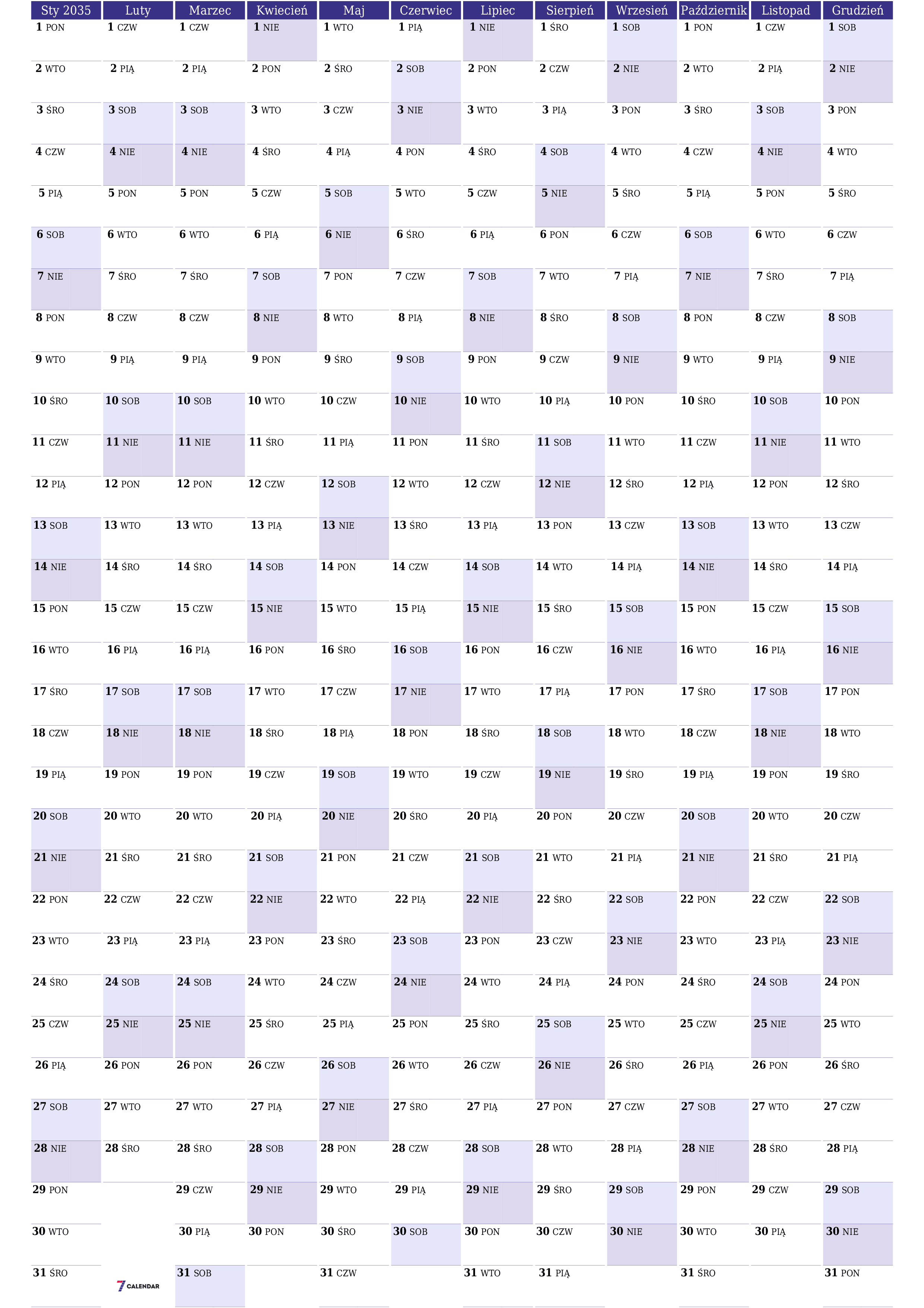 Opróżnij kalendarz rocznego planowania na rok 2035 z notatkami, zapisz i wydrukuj w formacie PDF PNG Polish