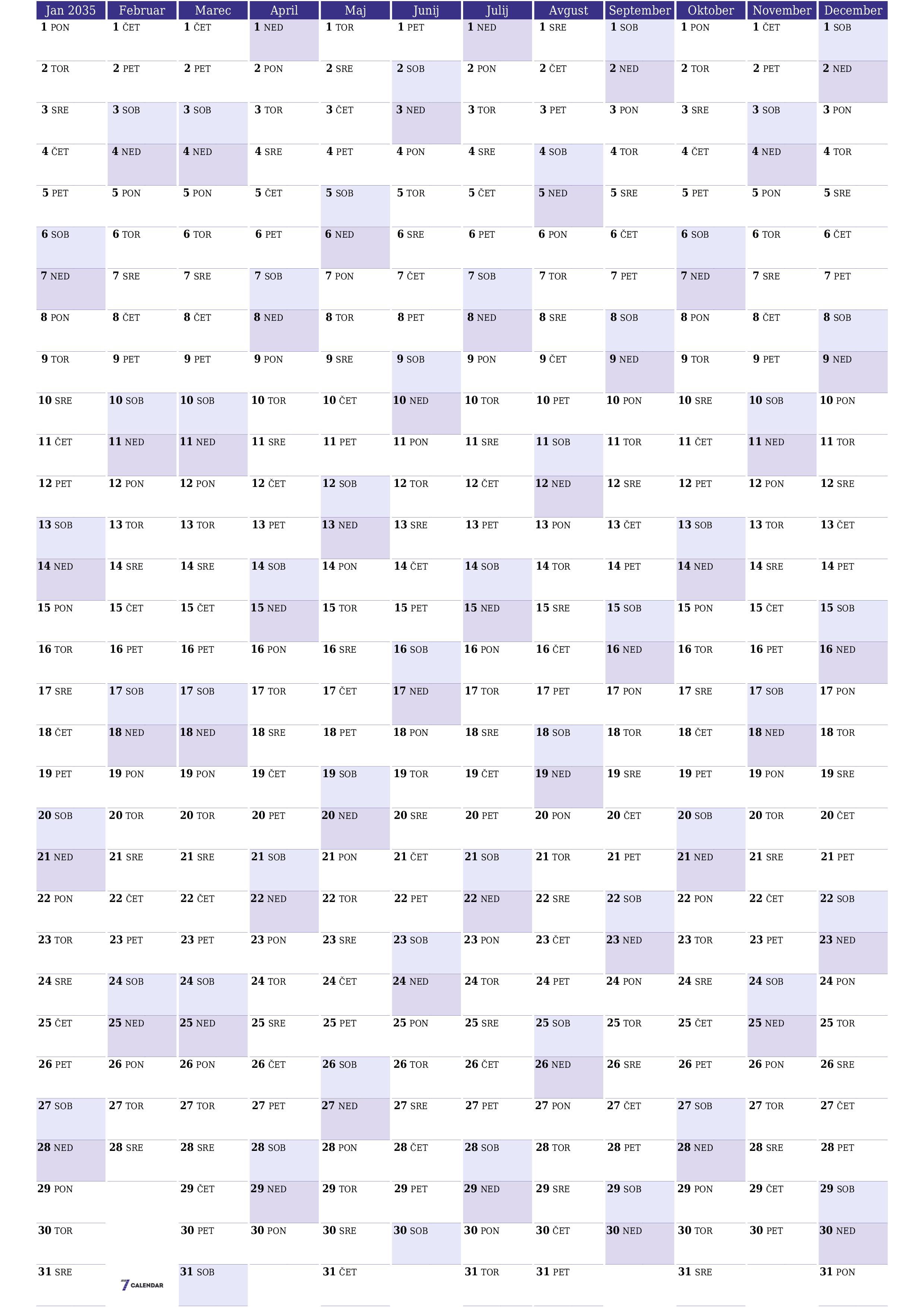 Prazen letni načrtovalec koledarja za leto 2035 z opombami za tiskanje v PDF-ju PNG Slovenian