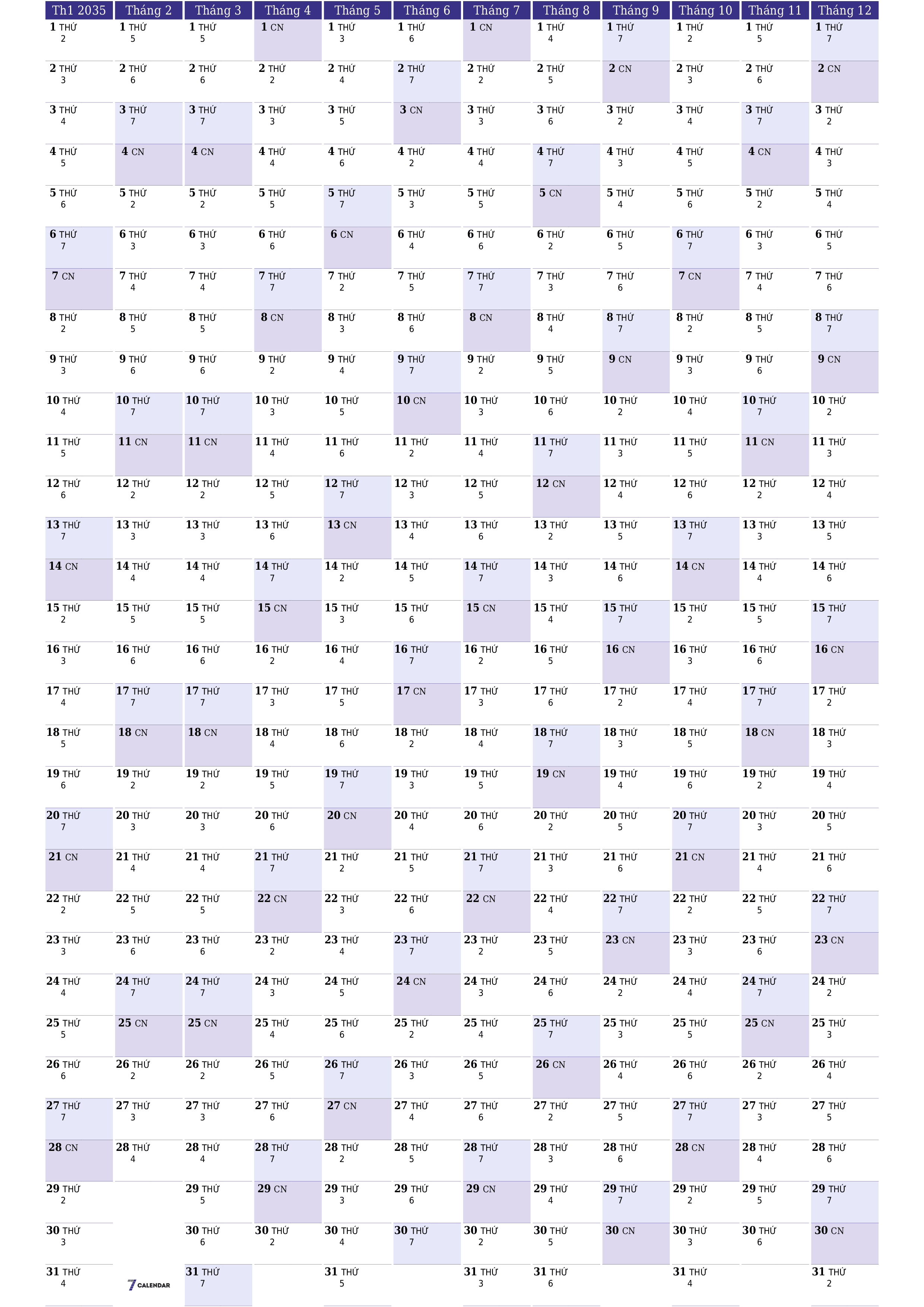 Lịch kế hoạch hàng năm trống cho năm 2035 có ghi chú, lưu và in sang PDF PNG Vietnamese