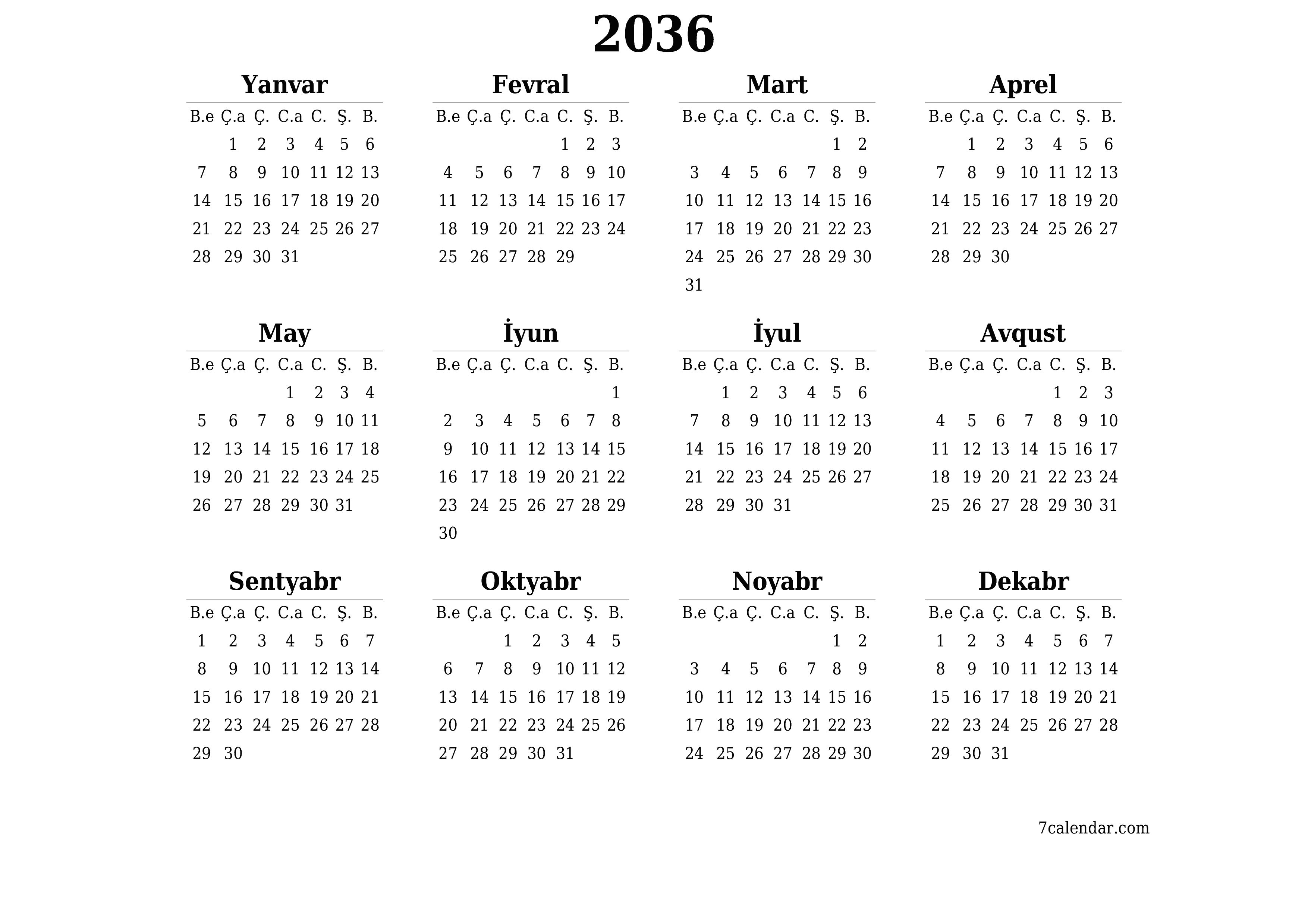 2036 ili üçün illik illik planlayıcı təqvim, qeydlər ilə boş saxlayın, qeyd edin və PDF-ə yazdırın PNG Azerbaijani