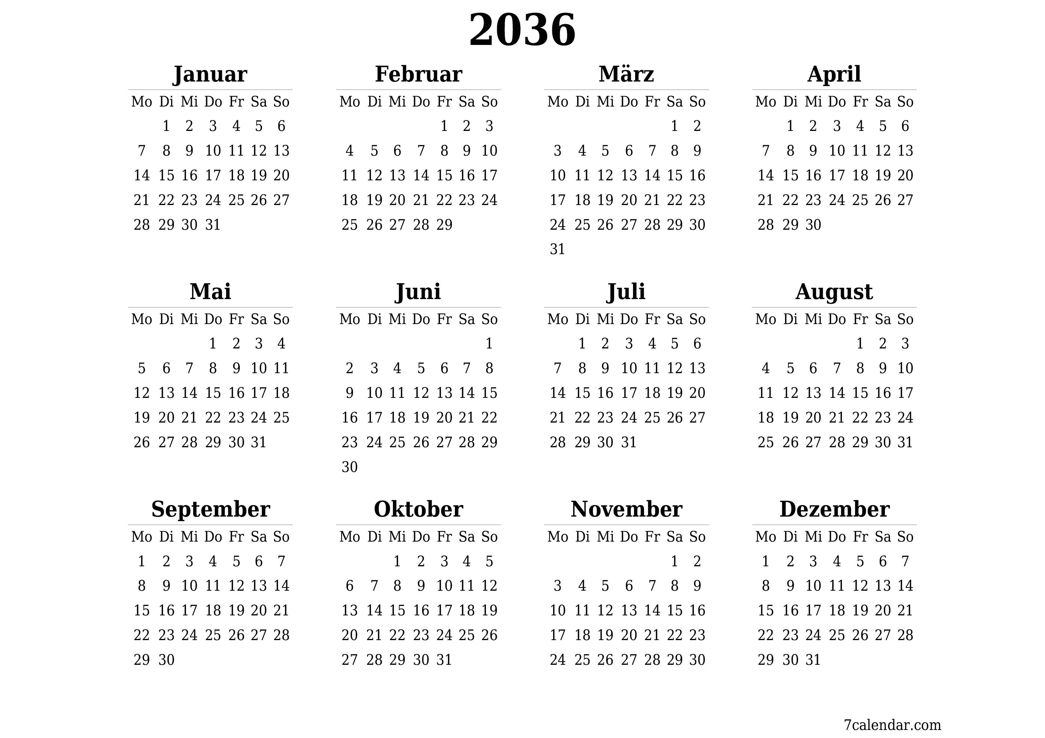 Jahresplanerkalender für das Jahr 2036 mit Notizen leeren, speichern und als PDF PNG German - 7calendar.com drucken