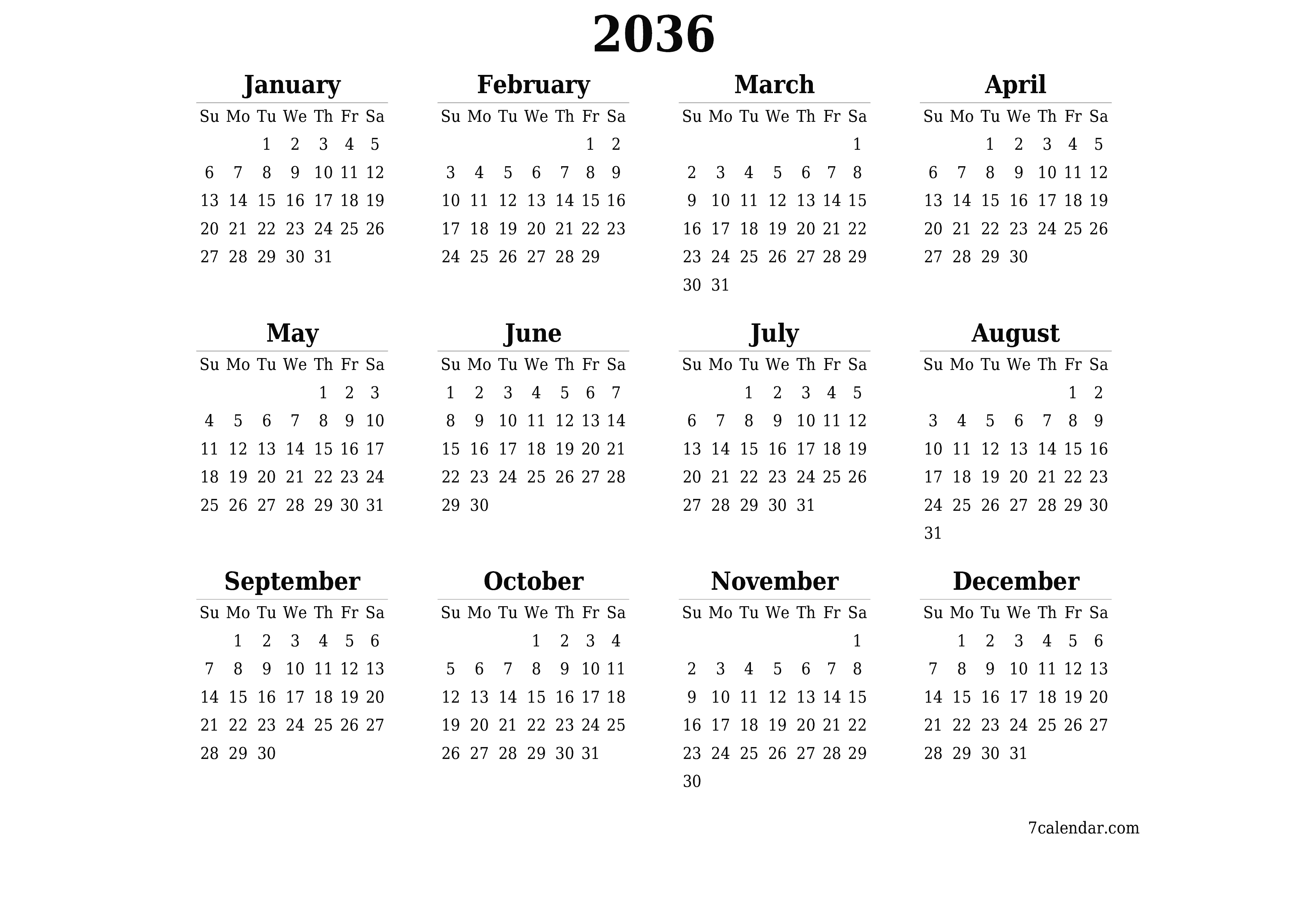 Blank yearly printable calendar and planner for the year with notes, save and print to PDF PNG English