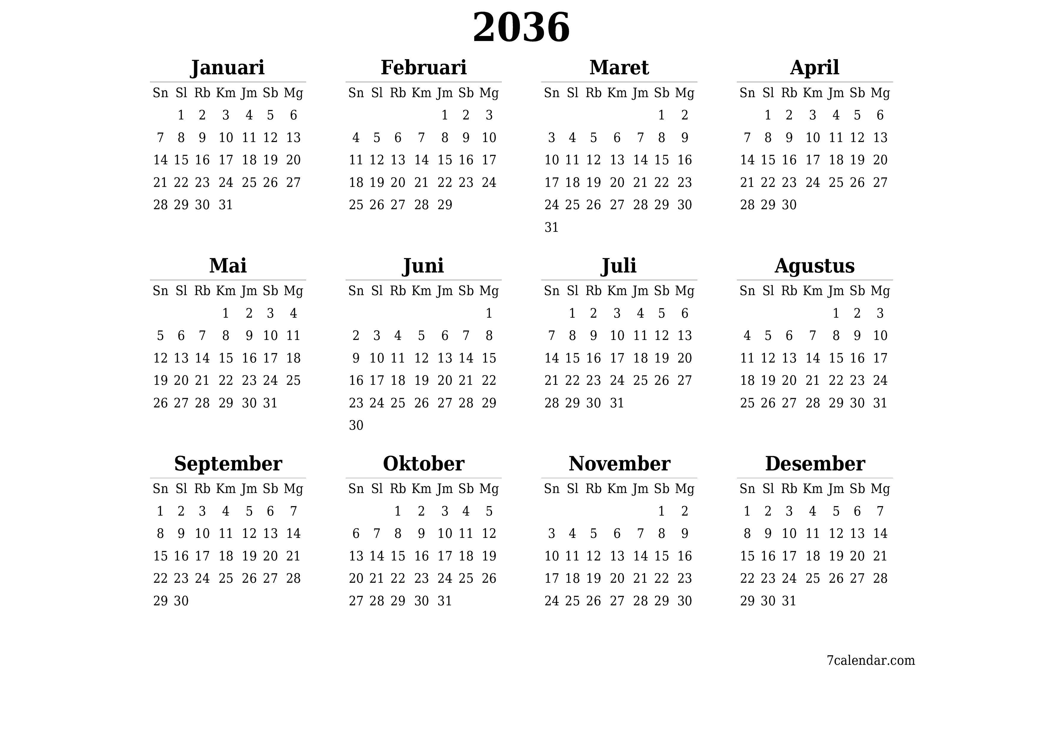 Kosongkan kalender perencana tahunan untuk tahun ini 2036 dengan catatan, simpan dan cetak ke PDF PNG Indonesian