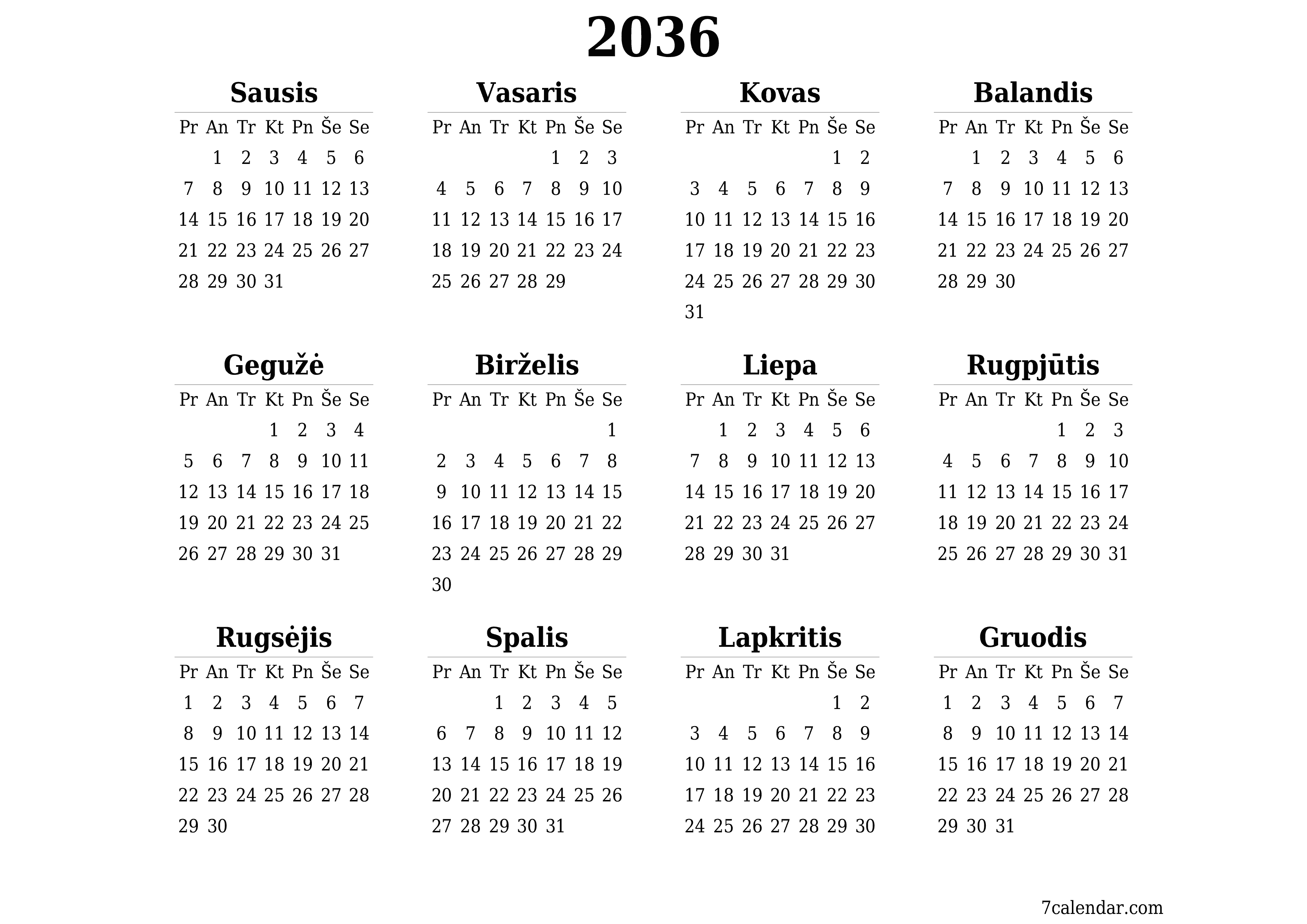 Tuščias metų planavimo kalendorius 2036 su užrašais, išsaugokite ir atsispausdinkite PDF formatu PNG Lithuanian