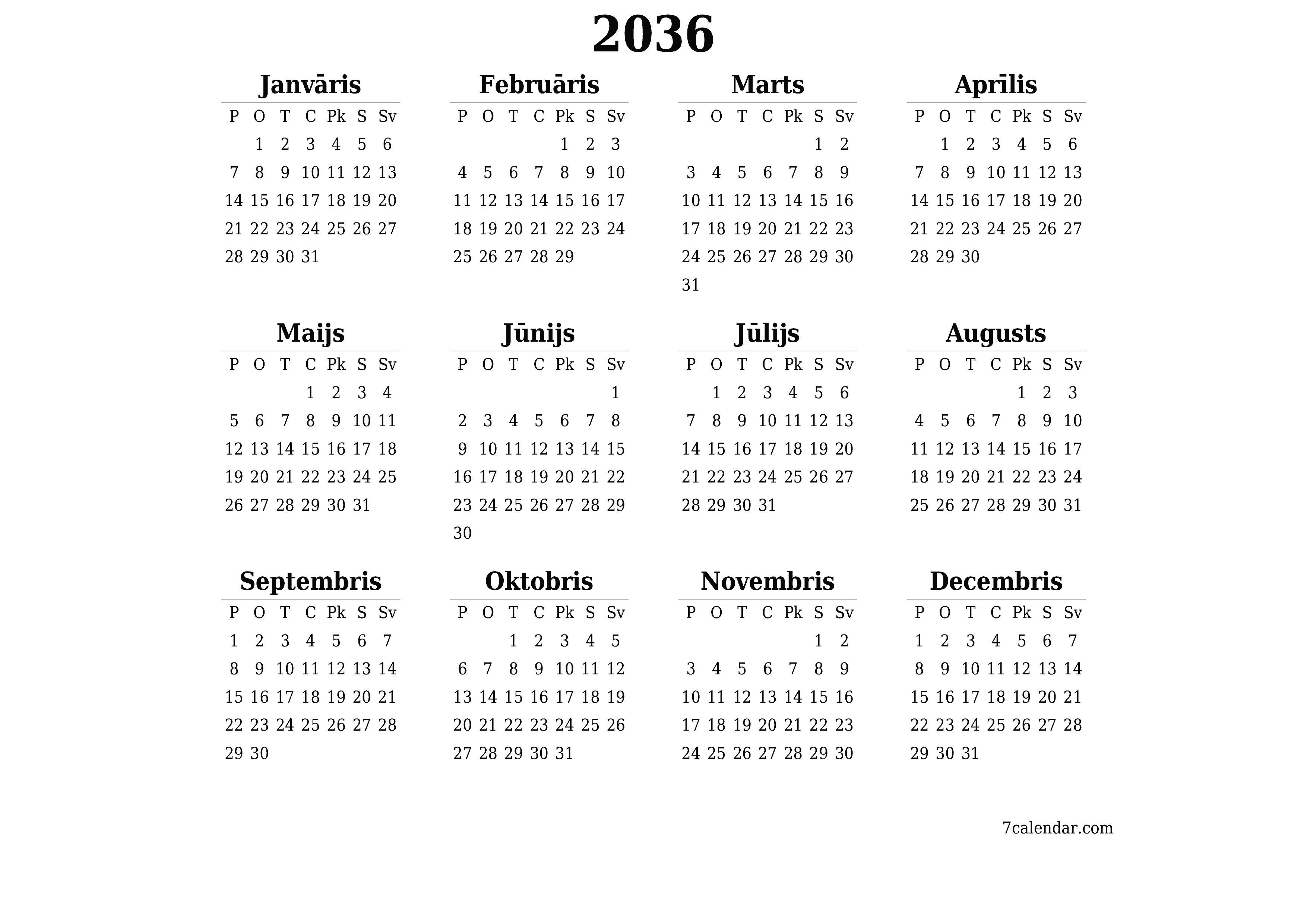 Tukšs gada plānotāja kalendārs gadam 2036 ar piezīmēm, saglabāšana un izdrukāšana PDF formātā PNG Latvian