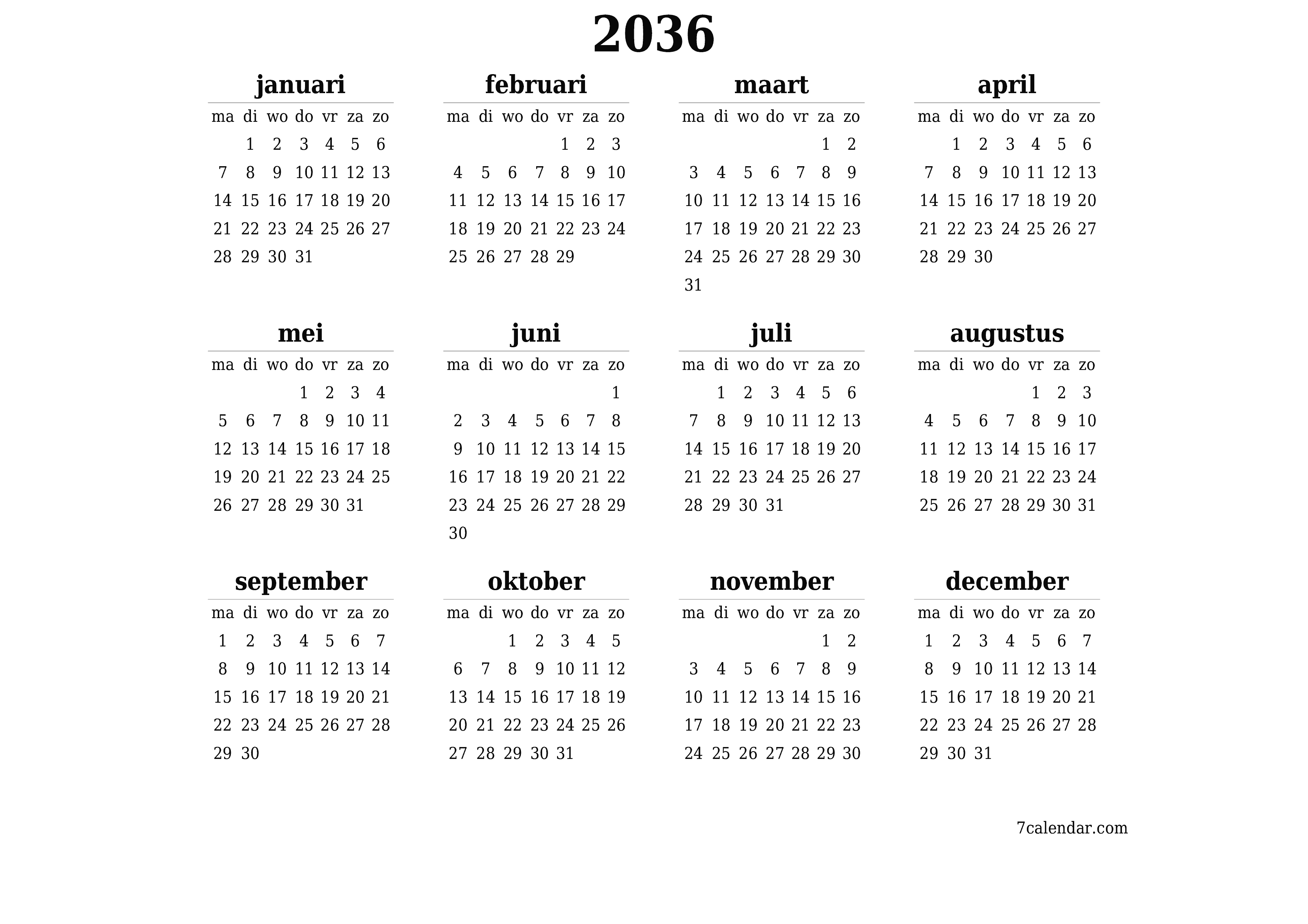 Lege jaarplanningskalender voor het jaar 2036 met notities, opslaan en afdrukken naar pdf PNG Dutch