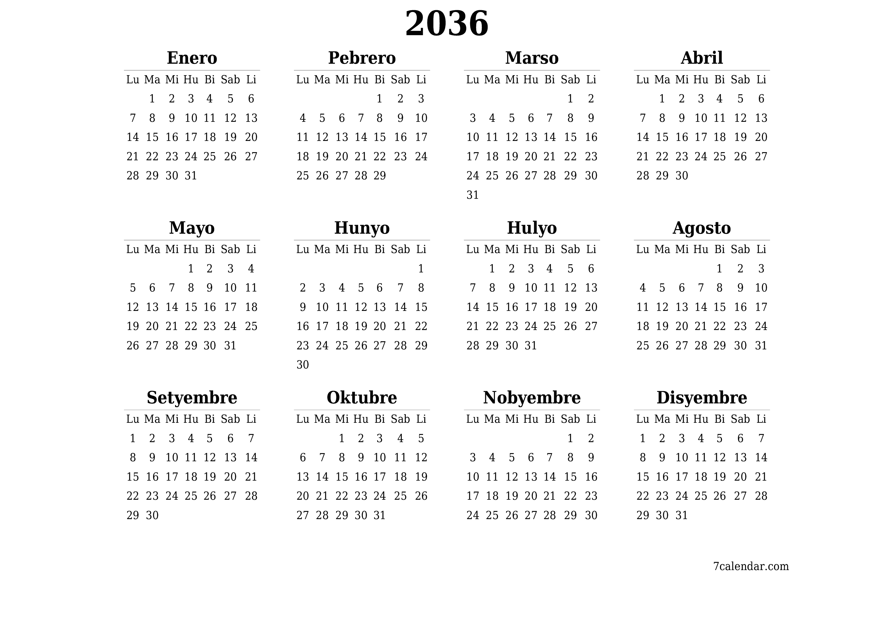 Walang laman ang taunang kalendaryo ng tagaplano para sa taong 2036 na may mga tala, i-save at i-print sa PDF PNG Filipino