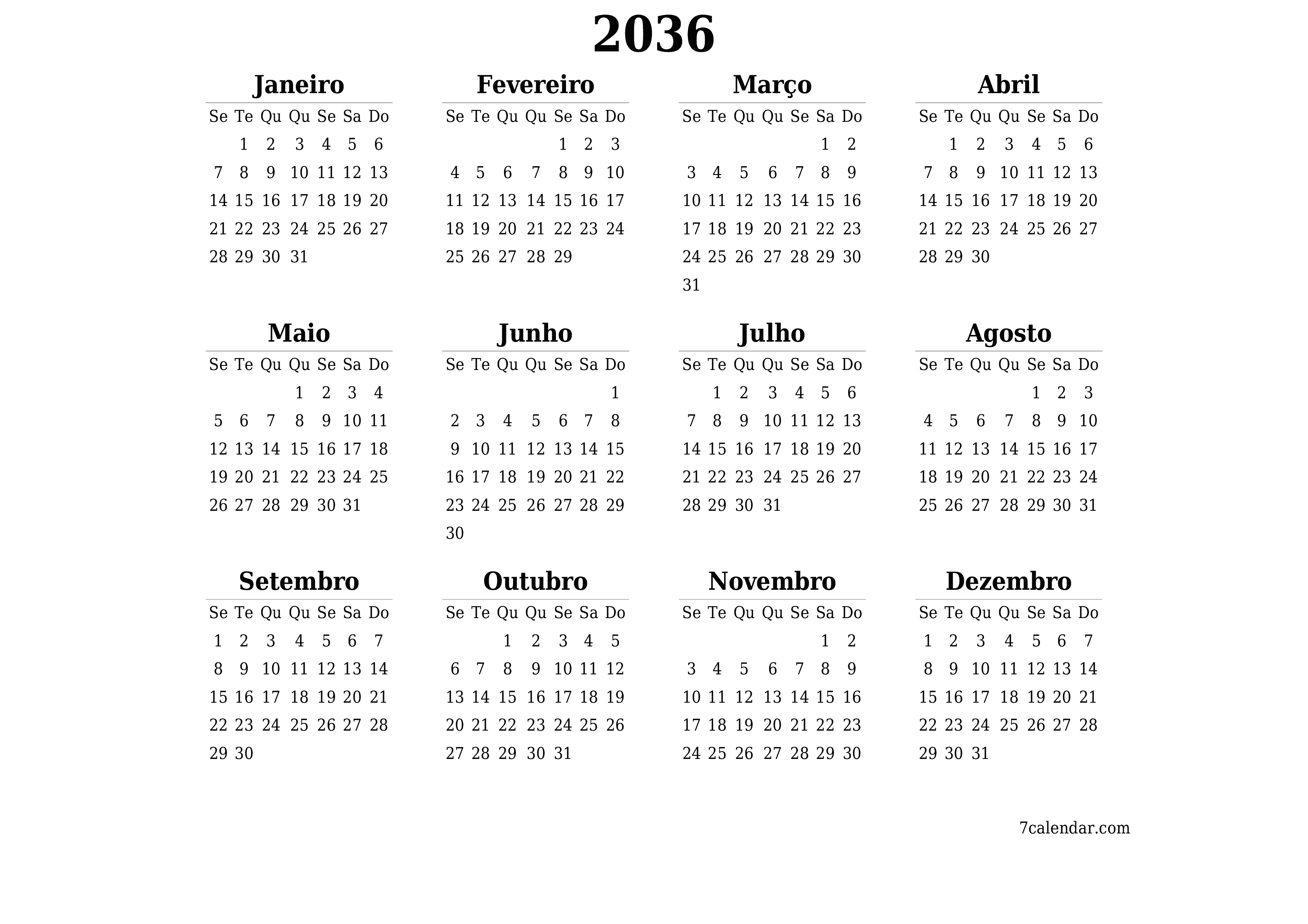 Calendário de planejador anual vazio para o ano 2036 com notas, salve e imprima em PDF PNG Portuguese