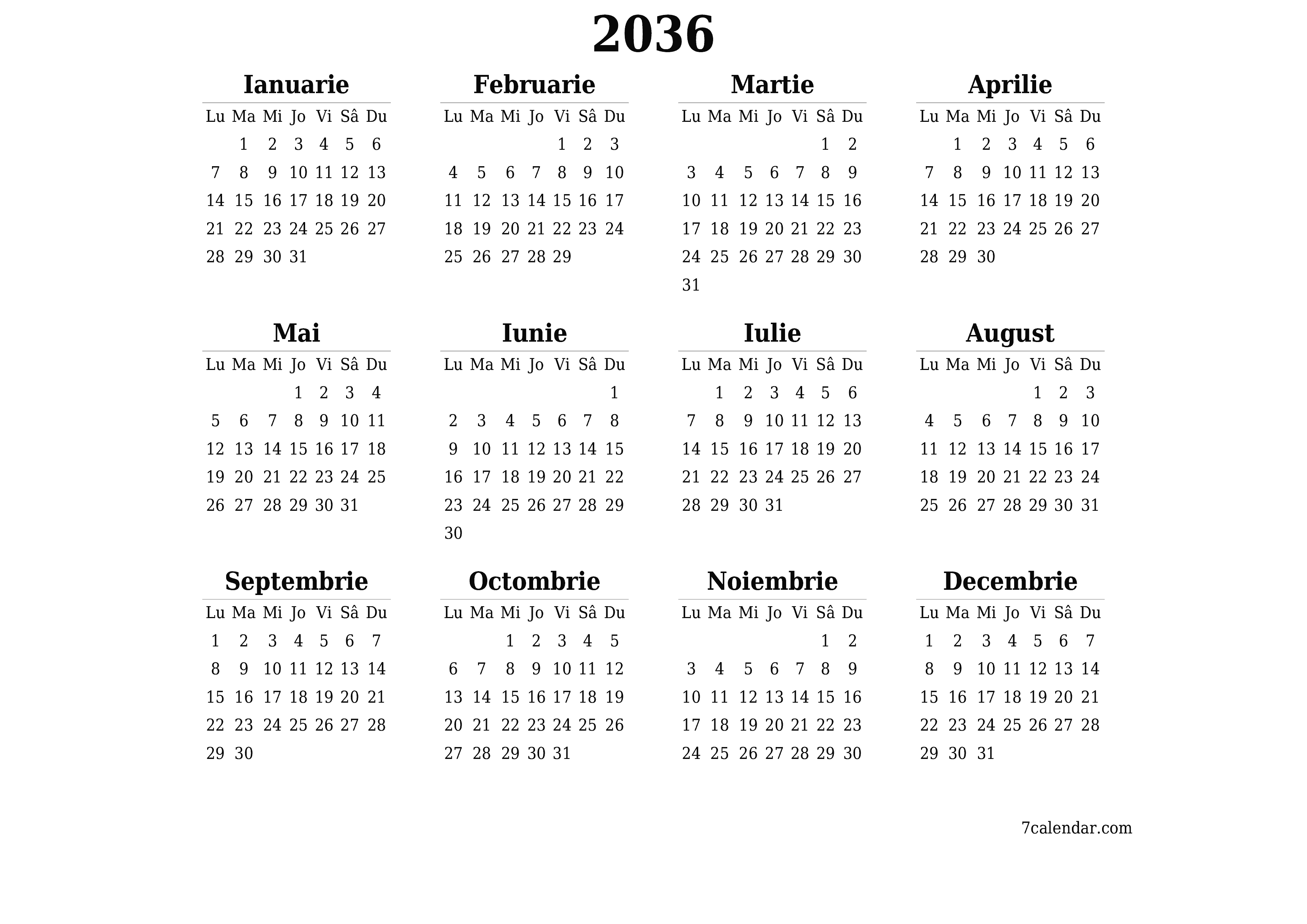 Goliți calendarul anual al planificatorului pentru anul 2036 cu note, salvați și tipăriți în PDF PNG Romanian